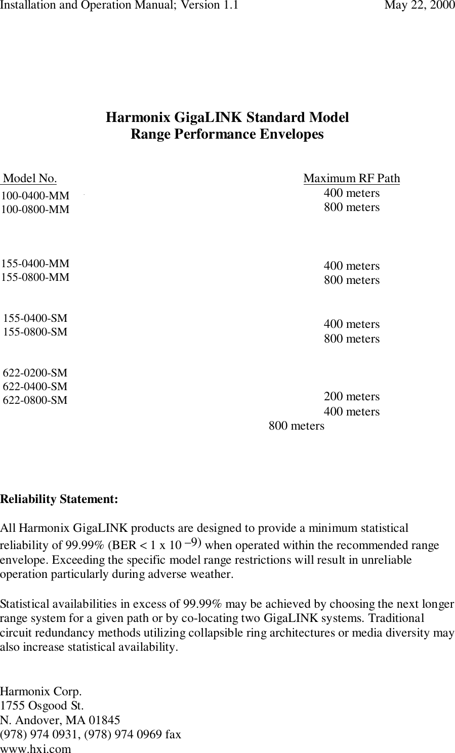 Installation and Operation Manual; Version 1.1  May 22, 2000Harmonix Corp. 1755 Osgood St.N. Andover, MA 01845(978) 974 0931, (978) 974 0969 faxwww.hxi.comHarmonix GigaLINK Standard ModelRange Performance Envelopes Model No. Maximum RF Path       400 meters      800 meters     400 meters     800 meters        400 meters     800 meters     200 meters     400 meters     800 meters       Reliability Statement:All Harmonix GigaLINK products are designed to provide a minimum statisticalreliability of 99.99% (BER &lt; 1 x 10 –9) when operated within the recommended rangeenvelope. Exceeding the specific model range restrictions will result in unreliableoperation particularly during adverse weather.Statistical availabilities in excess of 99.99% may be achieved by choosing the next longerrange system for a given path or by co-locating two GigaLINK systems. Traditionalcircuit redundancy methods utilizing collapsible ring architectures or media diversity mayalso increase statistical availability.100-0400-MM100-0800-MM 155-0400-MM155-0800-MM155-0400-SM155-0800-SM622-0200-SM622-0400-SM622-0800-SM