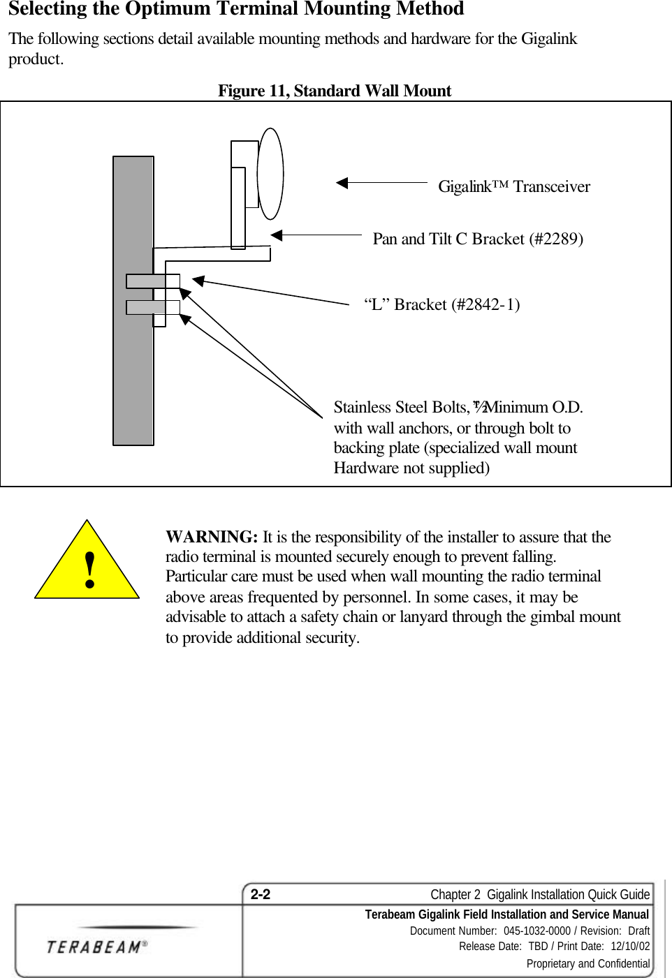 2-2    Chapter 2  Gigalink Installation Quick Guide Terabeam Gigalink Field Installation and Service Manual Document Number:  045-1032-0000 / Revision:  Draft Release Date:  TBD / Print Date:  12/10/02 Proprietary and Confidential  Selecting the Optimum Terminal Mounting Method The following sections detail available mounting methods and hardware for the Gigalink product.  Figure 11, Standard Wall Mount                      WARNING: It is the responsibility of the installer to assure that the radio terminal is mounted securely enough to prevent falling. Particular care must be used when wall mounting the radio terminal above areas frequented by personnel. In some cases, it may be advisable to attach a safety chain or lanyard through the gimbal mount to provide additional security.    Gigalink™ Transceiver Pan and Tilt C Bracket (#2289)  “L” Bracket (#2842-1) Stainless Steel Bolts, ½” Minimum O.D.  with wall anchors, or through bolt to backing plate (specialized wall mount Hardware not supplied)  ! 