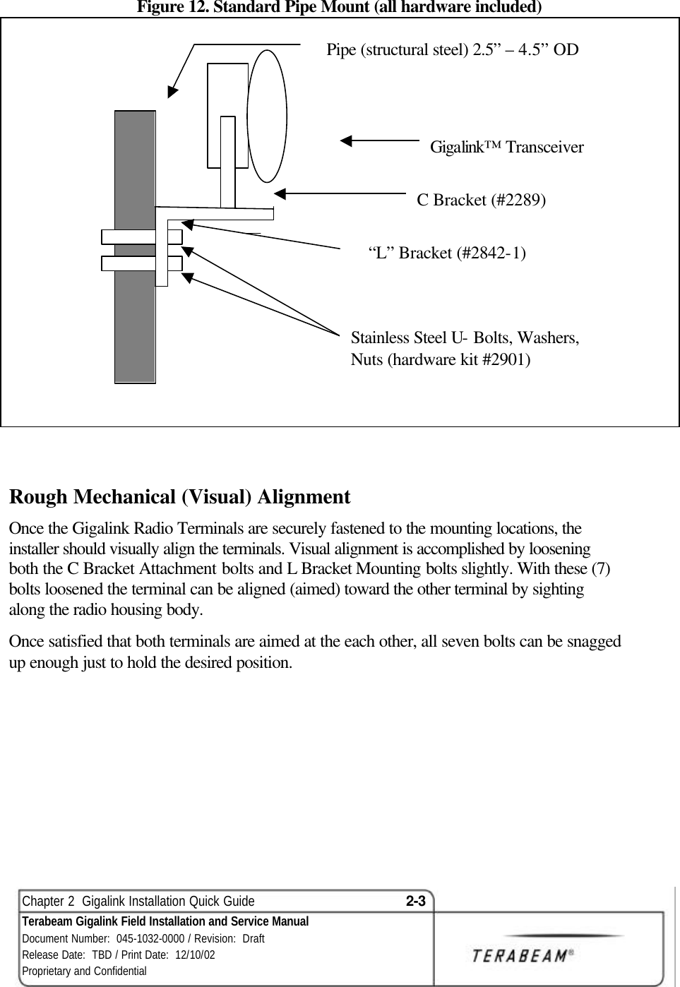  Chapter 2  Gigalink Installation Quick Guide 2-3 Terabeam Gigalink Field Installation and Service Manual Document Number:  045-1032-0000 / Revision:  Draft Release Date:  TBD / Print Date:  12/10/02 Proprietary and Confidential  Figure 12. Standard Pipe Mount (all hardware included)        Pipe (structural steel) 2.5” – 4.5” OD                     Rough Mechanical (Visual) Alignment Once the Gigalink Radio Terminals are securely fastened to the mounting locations, the installer should visually align the terminals. Visual alignment is accomplished by loosening both the C Bracket Attachment bolts and L Bracket Mounting bolts slightly. With these (7) bolts loosened the terminal can be aligned (aimed) toward the other terminal by sighting along the radio housing body. Once satisfied that both terminals are aimed at the each other, all seven bolts can be snagged up enough just to hold the desired position.     Gigalink™ Transceiver C Bracket (#2289) Stainless Steel U- Bolts, Washers, Nuts (hardware kit #2901)  “L” Bracket (#2842-1) 