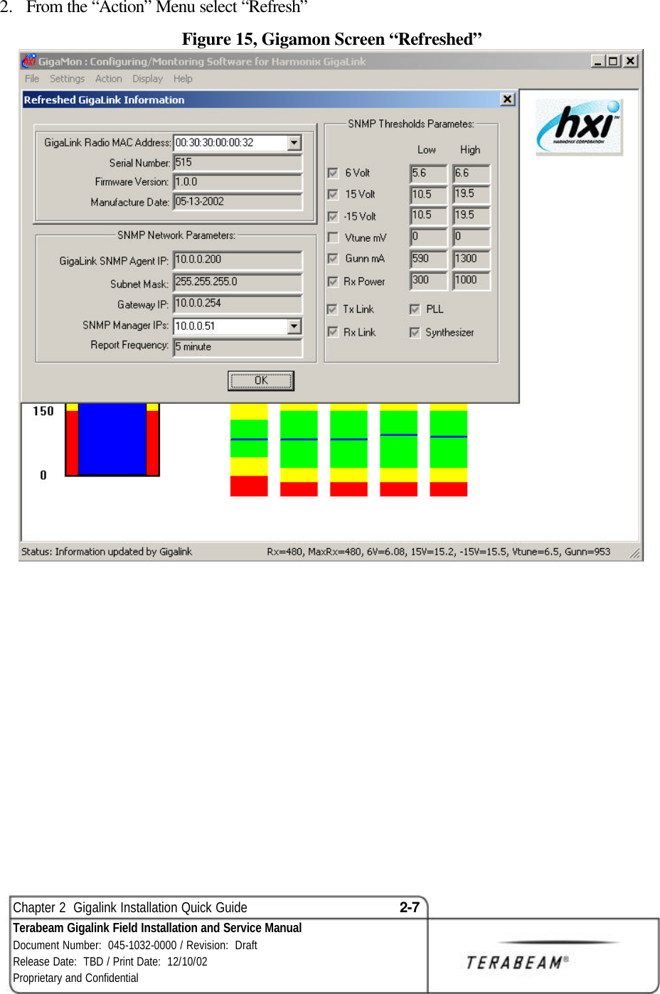  Chapter 2  Gigalink Installation Quick Guide 2-7 Terabeam Gigalink Field Installation and Service Manual Document Number:  045-1032-0000 / Revision:  Draft Release Date:  TBD / Print Date:  12/10/02 Proprietary and Confidential  2.  From the “Action” Menu select “Refresh” Figure 15, Gigamon Screen “Refreshed”    