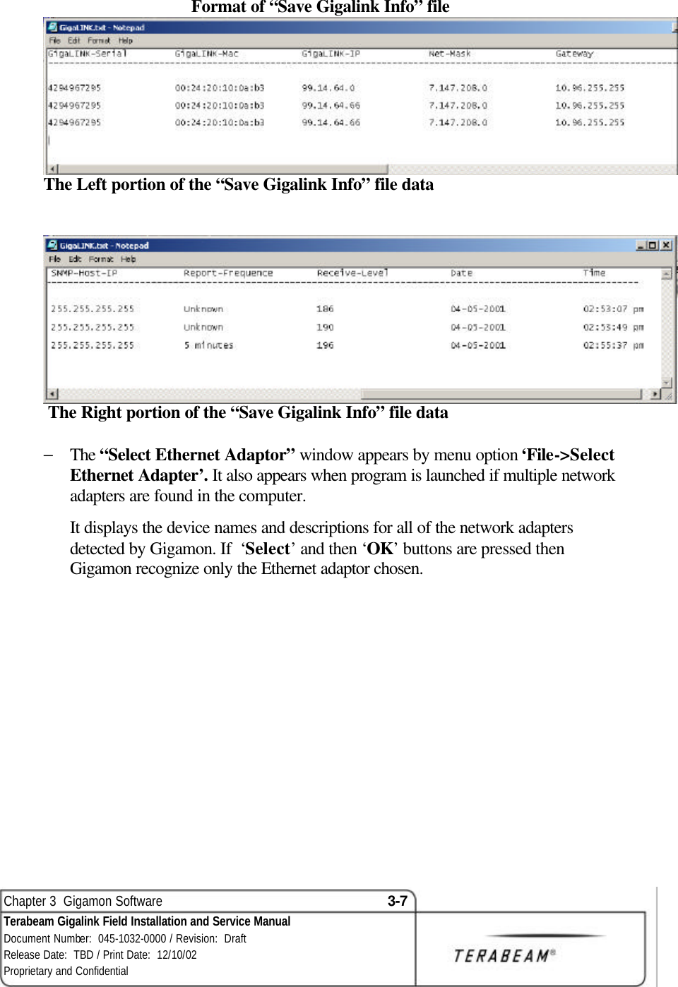  Chapter 3  Gigamon Software 3-7 Terabeam Gigalink Field Installation and Service Manual Document Number:  045-1032-0000 / Revision:  Draft Release Date:  TBD / Print Date:  12/10/02 Proprietary and Confidential  Format of “Save Gigalink Info” file The Left portion of the “Save Gigalink Info” file data     The Right portion of the “Save Gigalink Info” file data  − The “Select Ethernet Adaptor” window appears by menu option ‘File-&gt;Select Ethernet Adapter’. It also appears when program is launched if multiple network adapters are found in the computer. It displays the device names and descriptions for all of the network adapters detected by Gigamon. If  ‘Select’ and then ‘OK’ buttons are pressed then Gigamon recognize only the Ethernet adaptor chosen. 