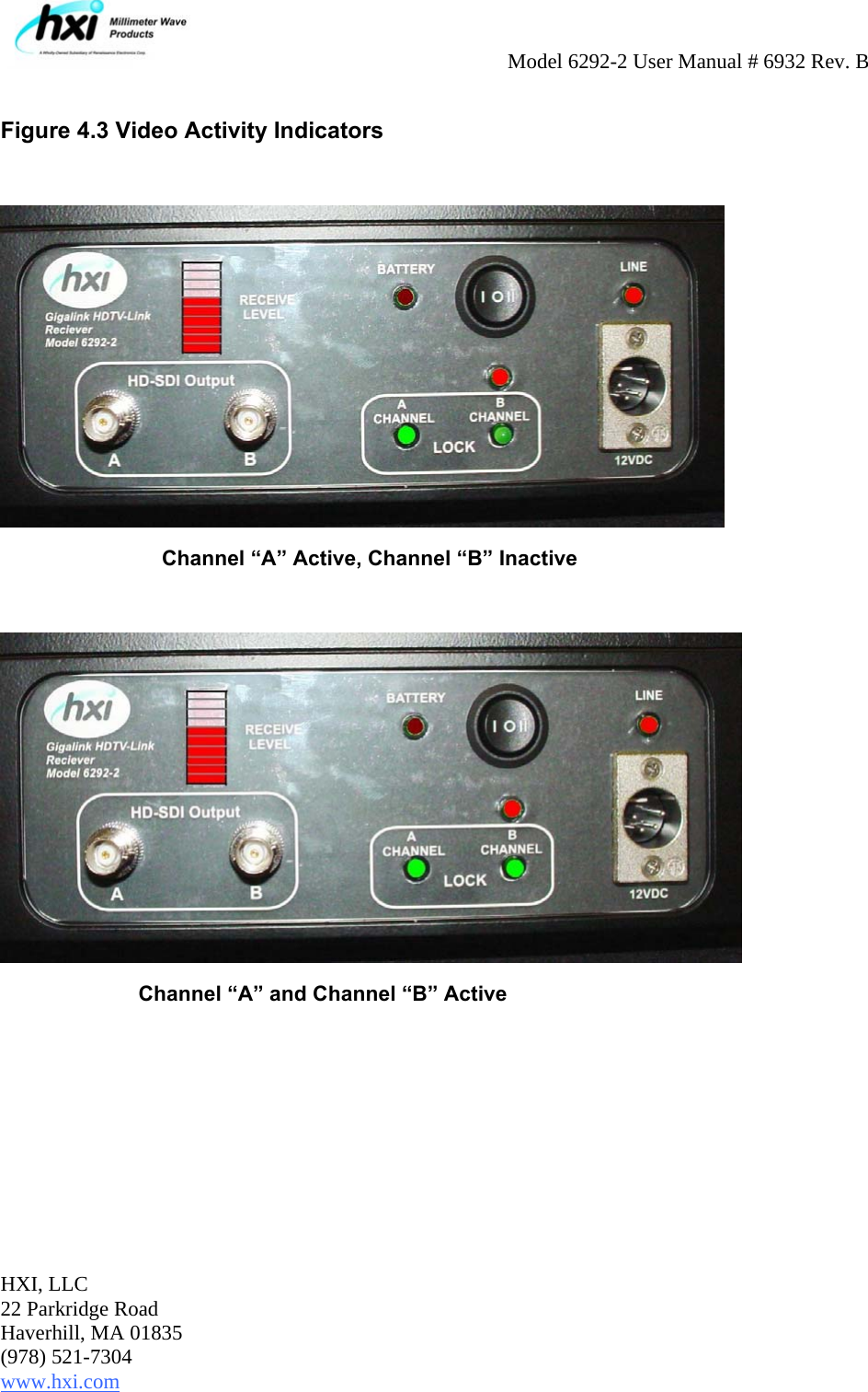     Model 6292-2 User Manual # 6932 Rev. B  HXI, LLC 22 Parkridge Road Haverhill, MA 01835 (978) 521-7304 www.hxi.com    Figure 4.3 Video Activity Indicators           Channel “A” Active, Channel “B” Inactive       Channel “A” and Channel “B” Active    