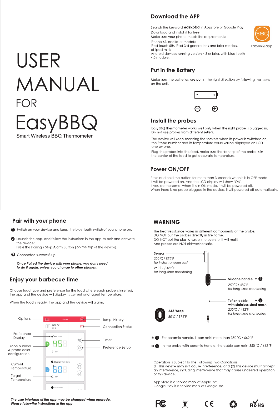 the batteriesPlugon the topPress and hold the button for more than 3 seconds when it is in OFF mode, it will be powered on. And the LCD display will show &lsquo;ON&rsquo;.If you do the same  when it is in ON mode, it will be powered off.When there is no probe plugged in the device, it will powered off automatically. Power ON/OFF EasyBBQ app