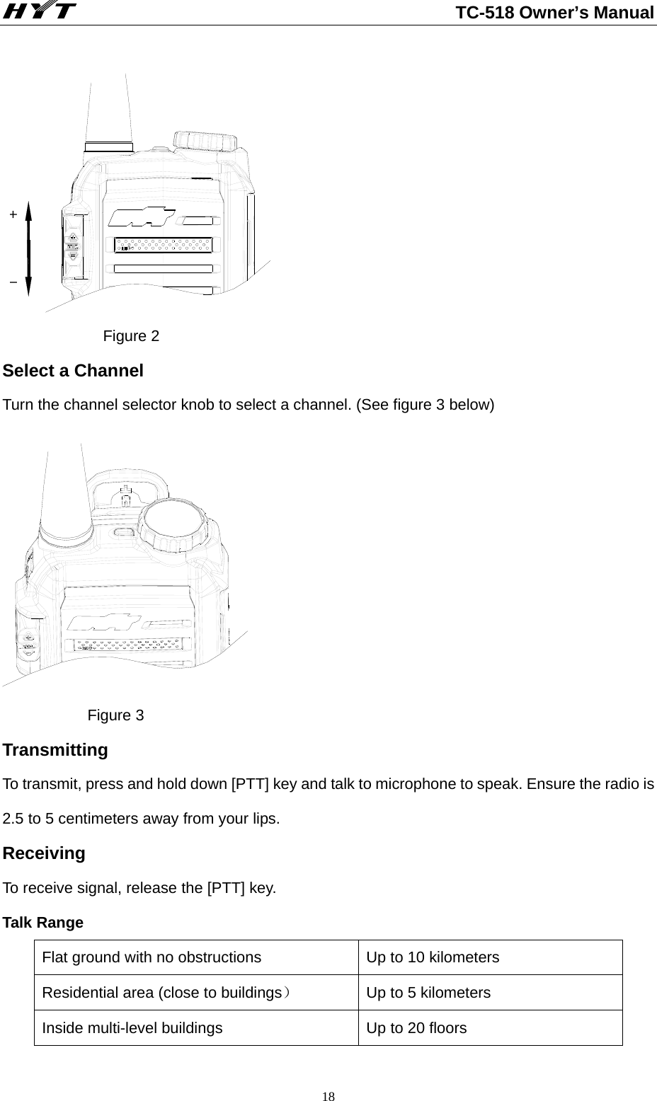                                                          TC-518 Owner’s Manual  18 -+              Figure 2 Select a Channel     Turn the channel selector knob to select a channel. (See figure 3 below)               Figure 3 Transmitting To transmit, press and hold down [PTT] key and talk to microphone to speak. Ensure the radio is 2.5 to 5 centimeters away from your lips.   Receiving To receive signal, release the [PTT] key.     Talk Range Flat ground with no obstructions  Up to 10 kilometers   Residential area (close to buildings） Up to 5 kilometers   Inside multi-level buildings  Up to 20 floors 