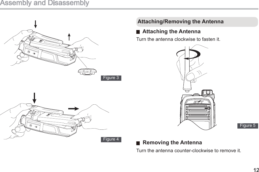 12Assembly and Disassembly  Figure 3  Figure 4 Attaching/Removing the Antenna  Attaching the Antenna Turn the antenna clockwise to fasten it.   Figure 5  Removing the Antenna Turn the antenna counter-clockwise to remove it. 
