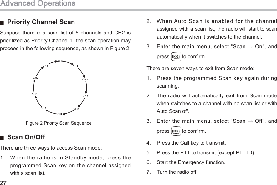 27  Priority Channel Scan Suppose  there is  a  scan  list of  5  channels and  CH2  is prioritized as Priority Channel 1, the scan operation may proceed in the following sequence, as shown in Figure 2. Figure 2 Priority Scan Sequence   Scan On/Off There are three ways to access Scan mode: 1.  When the radio is in Standby mode, press the programmed Scan key on the channel assigned with a scan list. 2.  When Auto Scan is enabled for the channel assigned with a scan list, the radio will start to scan automatically when it switches to the channel. 3.  Enter  the  main  menu,  select  “Scan  →  On”,  and press   to conrm. There are seven ways to exit from Scan mode: 1.  Press the programmed Scan key again during scanning. 2.  The  radio  will  automatically  exit  from  Scan  mode when switches to a channel with no scan list or with Auto Scan off. 3.  Enter  the  main  menu,  select  “Scan  →  Off”,  and press   to conrm. 4.  Press the Call key to transmit. 5.  Press the PTT to transmit (except PTT ID). 6.  Start the Emergency function. 7.  Turn the radio off. Advanced Operations