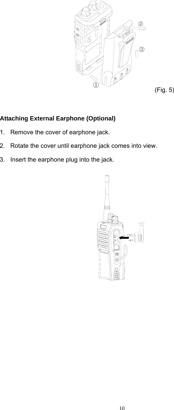  10①②③ (Fig. 5)  Attaching External Earphone (Optional) 1.  Remove the cover of earphone jack. 2.  Rotate the cover until earphone jack comes into view. 3.  Insert the earphone plug into the jack.         