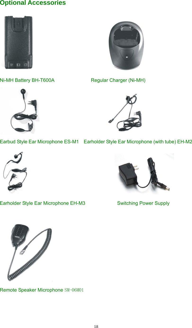  18Optional Accessories                               Ni-MH Battery BH-T600A               Regular Charger (Ni-MH)                             Earbud Style Ear Microphone ES-M1    Earholder Style Ear Microphone (with tube) EH-M2                                          Earholder Style Ear Microphone EH-M3             Switching Power Supply   Remote Speaker Microphone SM-06M01   