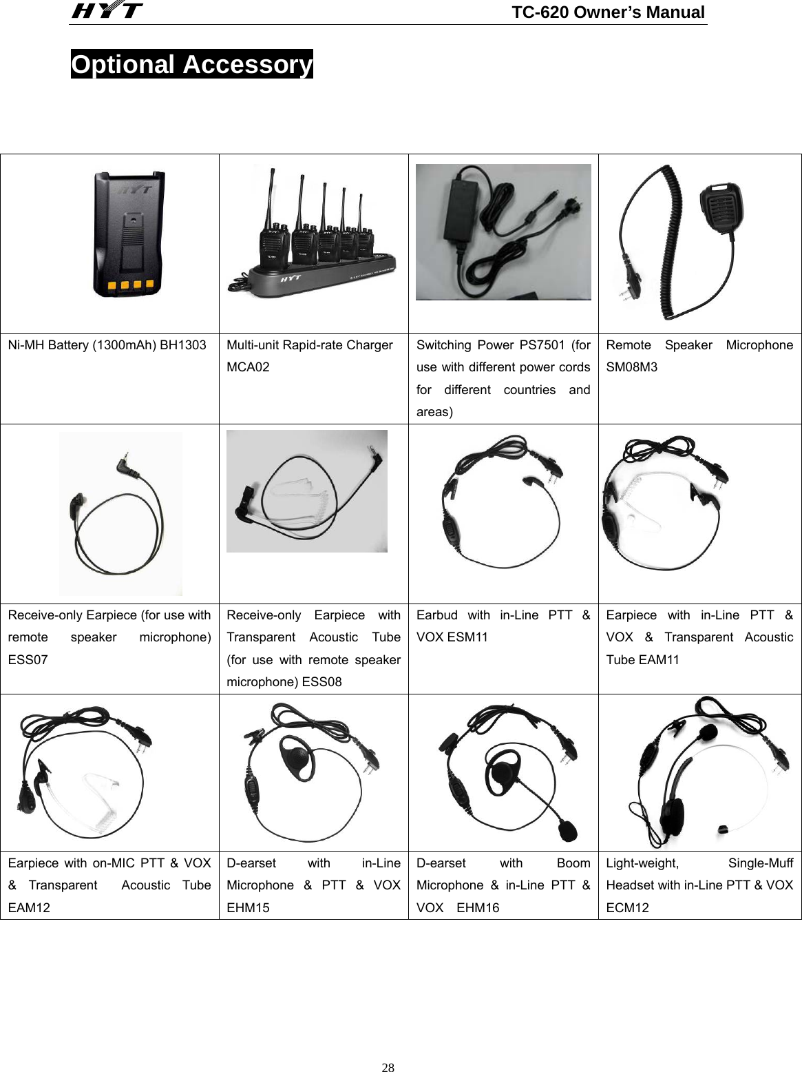                                                          TC-620 Owner’s Manual  28Optional Accessory      Ni-MH Battery (1300mAh) BH1303  Multi-unit Rapid-rate Charger MCA02 Switching Power PS7501 (for use with different power cords for different countries and areas) Remote Speaker Microphone SM08M3     Receive-only Earpiece (for use with remote speaker microphone) ESS07 Receive-only Earpiece with Transparent Acoustic Tube (for use with remote speaker microphone) ESS08 Earbud with in-Line PTT &amp; VOX ESM11 Earpiece with in-Line PTT &amp; VOX &amp; Transparent Acoustic Tube EAM11    Earpiece with on-MIC PTT &amp; VOX &amp; Transparent  Acoustic Tube EAM12 D-earset with in-Line Microphone &amp; PTT &amp; VOX EHM15 D-earset with Boom Microphone &amp; in-Line PTT &amp; VOX  EHM16 Light-weight, Single-Muff Headset with in-Line PTT &amp; VOX ECM12 