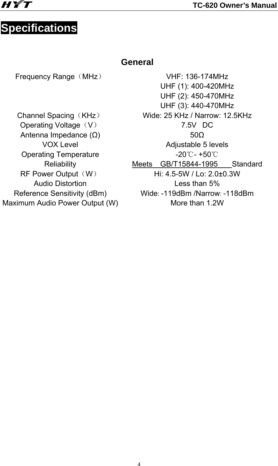                                                          TC-620 Owner’s Manual  4Specifications            General Frequency Range（MHz） VHF: 136-174MHz UHF (1): 400-420MHz UHF (2): 450-470MHz UHF (3): 440-470MHz Channel Spacing（KHz）  Wide: 25 KHz / Narrow: 12.5KHz Operating Voltage（V） 7.5V  DC Antenna Impedance (Ω) 50Ω VOX Level  Adjustable 5 levels Operating Temperature  -20℃- +50℃ Reliability  Meets    GB/T15844-1995       Standard RF Power Output（W）  Hi: 4.5-5W / Lo: 2.0±0.3W Audio Distortion  Less than 5% Reference Sensitivity (dBm)  Wide: -119dBm /Narrow: -118dBm Maximum Audio Power Output (W) More than 1.2W 