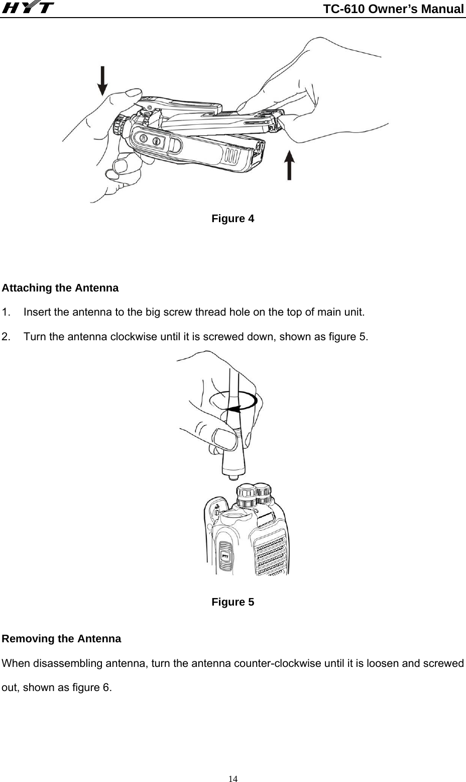                                                          TC-610 Owner’s Manual  14 Figure 4                             Attaching the Antenna 1.  Insert the antenna to the big screw thread hole on the top of main unit.     2.  Turn the antenna clockwise until it is screwed down, shown as figure 5.                  Figure 5                                                  Removing the Antenna   When disassembling antenna, turn the antenna counter-clockwise until it is loosen and screwed out, shown as figure 6.   