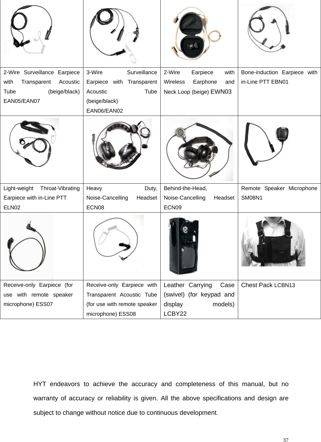   37    2-Wire Surveillance Earpiece with Transparent Acoustic Tube  (beige/black)  EAN05/EAN07 3-Wire Surveillance Earpiece with Transparent Acoustic Tube  (beige/black)  EAN06/EAN02 2-Wire Earpiece with Wireless Earphone and Neck Loop (beige) EWN03 Bone-induction Earpiece with in-Line PTT EBN01    Light-weight Throat-Vibrating Earpiece with in-Line PTT ELN02 Heavy Duty, Noise-Cancelling Headset ECN08 Behind-the-Head, Noise-Cancelling Headset ECN09 Remote Speaker Microphone SM08N1     Receive-only Earpiece (for use with remote speaker microphone) ESS07 Receive-only Earpiece with Transparent Acoustic Tube (for use with remote speaker microphone) ESS08 Leather Carrying  Case  (swivel) (for keypad and display models)  LCBY22 Chest Pack LCBN13     HYT endeavors to achieve the accuracy and completeness of this manual, but no warranty of accuracy or reliability is given. All the above specifications and design are subject to change without notice due to continuous development. 