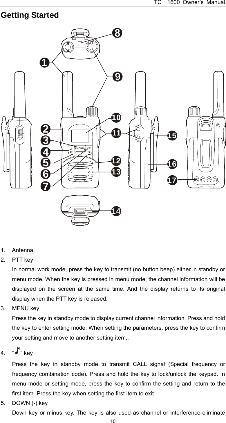 TC－1600 Owner’s Manual  10Getting Started 12345671011121314151617MON 1. Antenna  2. PTT key  In normal work mode, press the key to transmit (no button beep) either in standby or menu mode. When the key is pressed in menu mode, the channel information will be displayed on the screen at the same time. And the display returns to its original display when the PTT key is released. 3.  MENU key    Press the key in standby mode to display current channel information. Press and hold the key to enter setting mode. When setting the parameters, press the key to confirm your setting and move to another setting item,. 4. “ “ key Press the key in standby mode to transmit CALL signal (Special frequency or frequency combination code). Press and hold the key to lock/unlock the keypad. In menu mode or setting mode, press the key to confirm the setting and return to the first item. Press the key when setting the first item to exit. 5.  DOWN (-) key Down key or minus key. The key is also used as channel or interference-eliminate 
