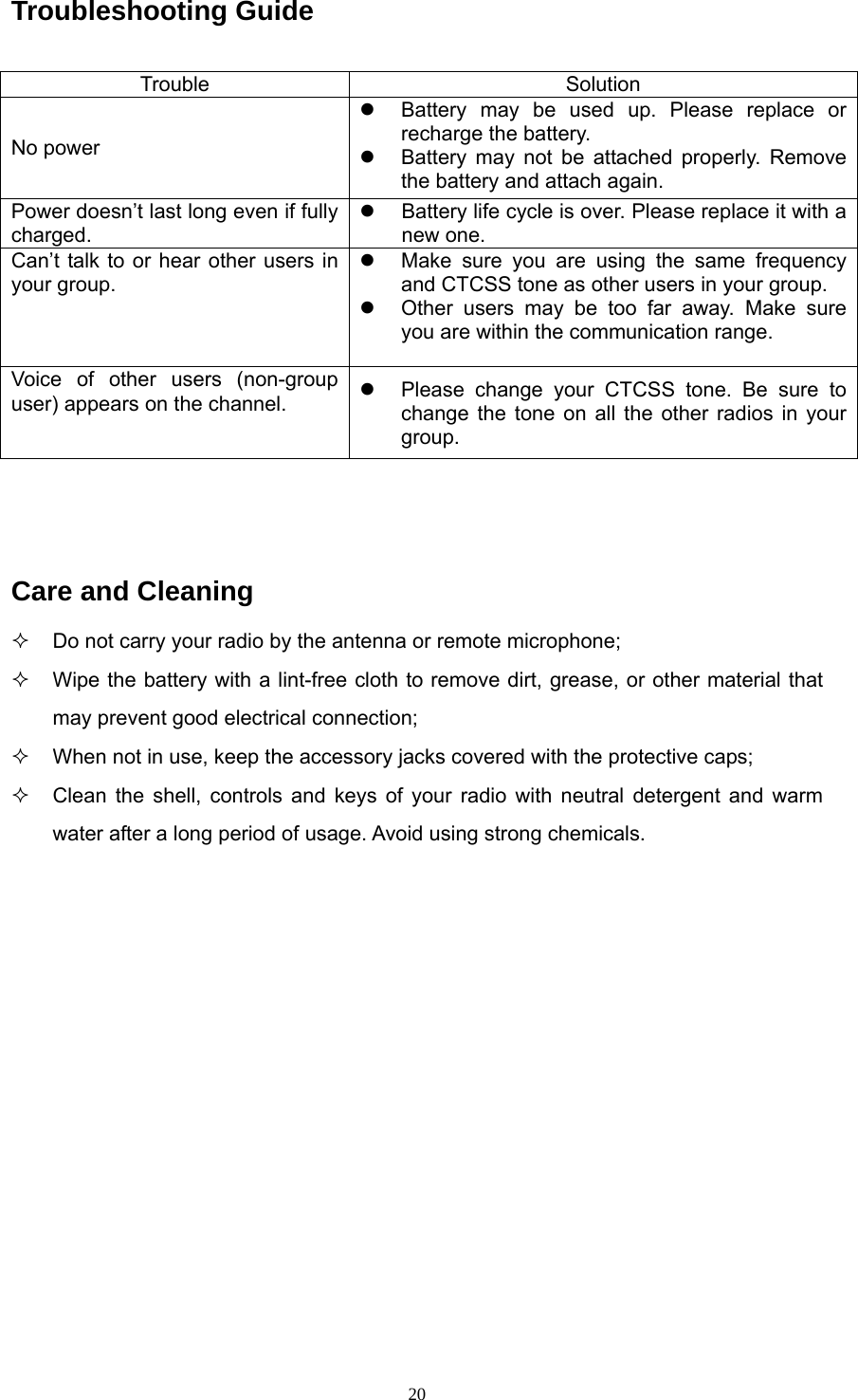  20Troubleshooting Guide   Care and Cleaning   Do not carry your radio by the antenna or remote microphone;   Wipe the battery with a lint-free cloth to remove dirt, grease, or other material that may prevent good electrical connection;   When not in use, keep the accessory jacks covered with the protective caps;   Clean the shell, controls and keys of your radio with neutral detergent and warm water after a long period of usage. Avoid using strong chemicals.             Trouble Solution No power z  Battery may be used up. Please replace or recharge the battery. z  Battery may not be attached properly. Remove the battery and attach again. Power doesn’t last long even if fully charged. z  Battery life cycle is over. Please replace it with a new one. Can’t talk to or hear other users in your group. z  Make sure you are using the same frequency and CTCSS tone as other users in your group. z  Other users may be too far away. Make sure you are within the communication range. Voice of other users (non-group user) appears on the channel.  z  Please change your CTCSS tone. Be sure to change the tone on all the other radios in your group. 