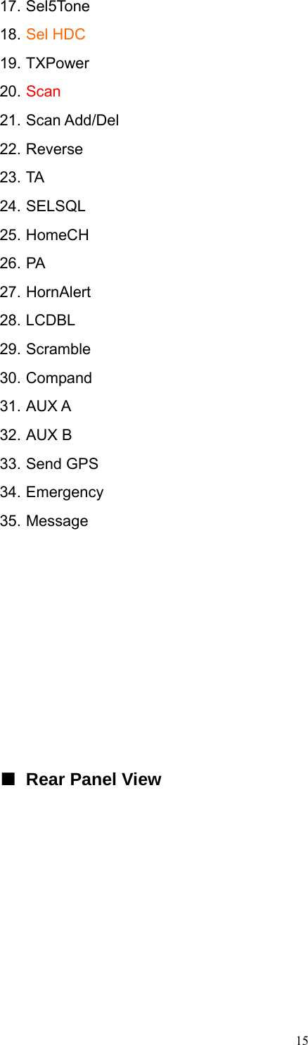 17. Sel5Tone   18. Sel HDC 19. TXPower   20. Scan 21. Scan Add/Del   22. Reverse   23. TA   24. SELSQL 25. HomeCH   26. PA   27. HornAlert 28. LCDBL   29. Scramble   30. Compand   31. AUX A   32. AUX B   33. Send GPS   34. Emergency   35. Message         ■ Rear Panel View   15   