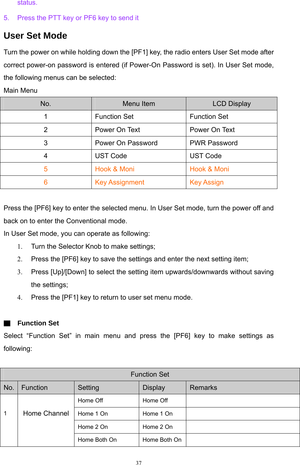 status. 5.  Press the PTT key or PF6 key to send it User Set Mode Turn the power on while holding down the [PF1] key, the radio enters User Set mode after correct power-on password is entered (if Power-On Password is set). In User Set mode, the following menus can be selected: Main Menu No.  Menu Item  LCD Display 1  Function Set  Function Set   2  Power On Text  Power On Text   3  Power On Password  PWR Password   4  UST Code  UST Code   5  Hook &amp; Moni  Hook &amp; Moni 6  Key Assignment  Key Assign    Press the [PF6] key to enter the selected menu. In User Set mode, turn the power off and back on to enter the Conventional mode. In User Set mode, you can operate as following: 1.  Turn the Selector Knob to make settings; 2.  Press the [PF6] key to save the settings and enter the next setting item; 3.  Press [Up]/[Down] to select the setting item upwards/downwards without saving the settings; 4.  Press the [PF1] key to return to user set menu mode.    ▇  Function Set Select “Function Set” in main menu and press the [PF6] key to make settings as following:  Function Set No.  Function  Setting  Display  Remarks Home Off  Home Off   Home 1 On  Home 1 On   Home 2 On  Home 2 On    1  Home Channel Home Both On  Home Both On   37   