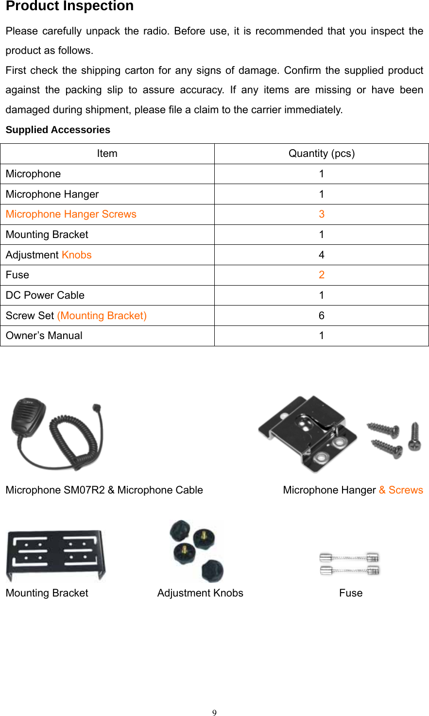 Product Inspection Please carefully unpack the radio. Before use, it is recommended that you inspect the product as follows.   First check the shipping carton for any signs of damage. Confirm the supplied product against the packing slip to assure accuracy. If any items are missing or have been damaged during shipment, please file a claim to the carrier immediately. Supplied Accessories Item Quantity (pcs) Microphone   1 Microphone Hanger  1 Microphone Hanger Screws 3 Mounting Bracket  1 Adjustment Knobs 4 Fuse 2 DC Power Cable  1 Screw Set (Mounting Bracket)  6 Owner’s Manual  1                               Microphone SM07R2 &amp; Microphone Cable               Microphone Hanger &amp; Screws                                     Mounting Bracket             Adjustment Knobs                  Fuse   9   