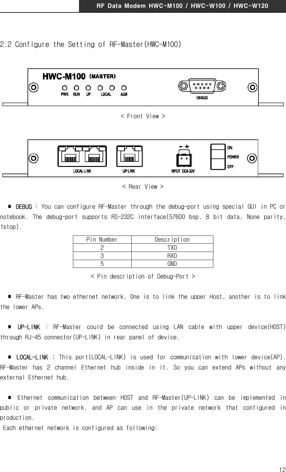 RF  Data  Modem  HWC-M100  /  HWC-W100  /  HWC-W120122.2 Configure the Setting of RF-Master(HWC-M100)< Front View >< Rear View >  ∎  DEBUG : You can configure RF-Master through the debug-port using special GUI in PC or notebook.  The  debug-port  supports  RS-232C  interface(57600  bsp,  8  bit  data,  None  parity, 1stop).Pin Number Description2TXD3RXD5GND< Pin description of Debug-Port >  ∎  RF-Master has two ethernet network. One is to link the upper Host, another is to link the lower APs.  ∎  UP-LINK  :  RF-Master  could  be  connected  using  LAN  cable  with  upper  device(HOST) through RJ-45 connector(UP-LINK) in rear panel of device.  ∎  LOCAL-LINK  :  This  port(LOCAL-LINK)  is  used  for  communication  with  lower  device(AP). RF-Master  has  2  channel  Ethernet  hub  inside  in  it.  So  you  can  extend  APs  without  any external Ethernet hub.  ∎  Ethernet  communication  between  HOST  and  RF-Master(UP-LINK)  can  be  implemented  in public  or  private  network.  and  AP  can  use  in  the  private  network  that  configured  in production. Each ethernet network is configured as following: