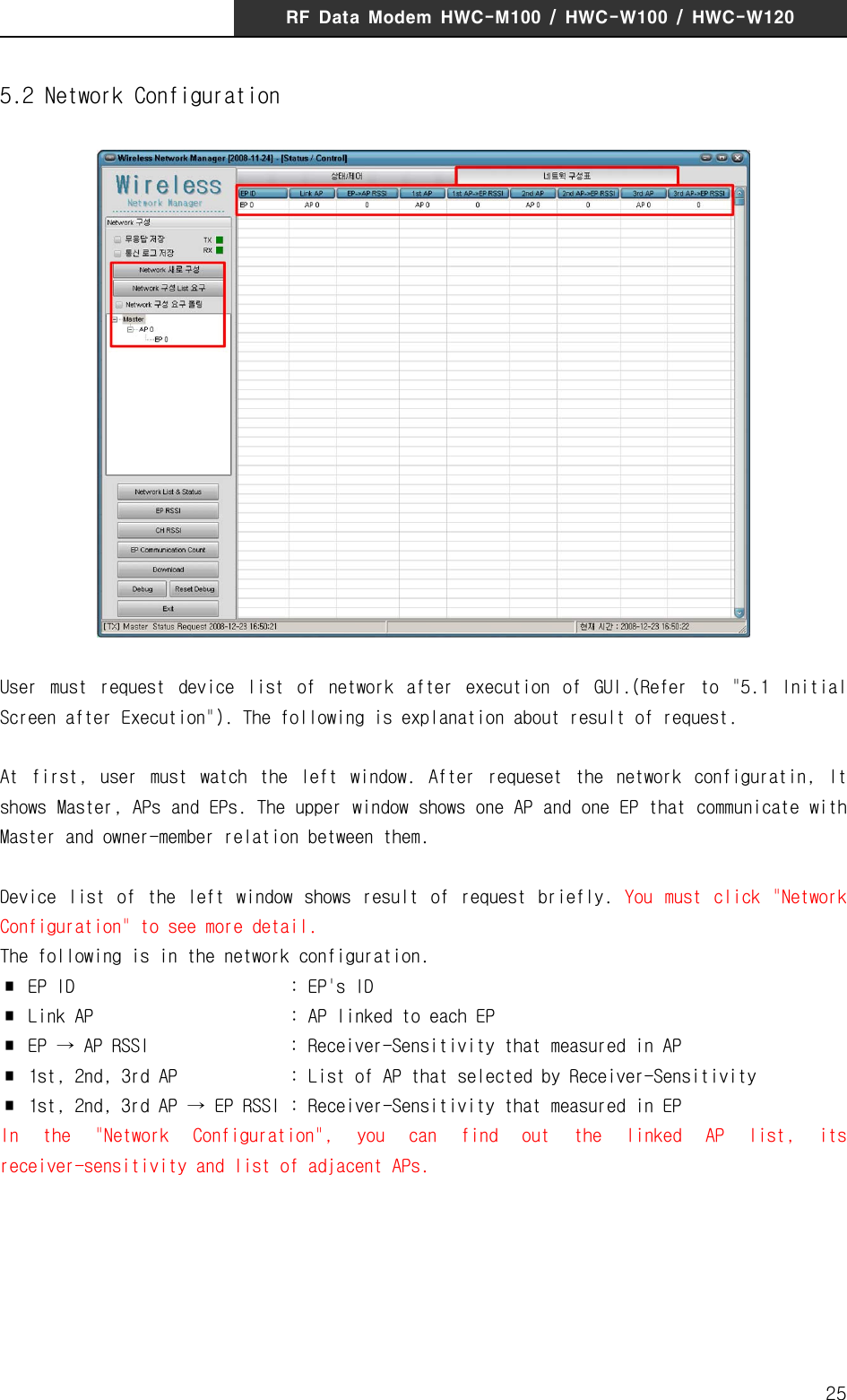 RF  Data  Modem  HWC-M100  /  HWC-W100  /  HWC-W120255.2 Network ConfigurationUser  must  request  device  list  of  network  after  execution  of  GUI.(Refer  to  "5.1  Initial Screen after Execution"). The following is explanation about result of request.At  first,  user  must  watch  the  left  window.  After  requeset  the  network  configuratin,  It shows Master, APs and EPs. The upper window shows one AP and one EP that communicate with Master and owner-member relation between them.Device  list  of  the  left  window  shows  result  of  request  briefly. You  must  click  "Network Configuration" to see more detail.The following is in the network configuration.∎  EP ID        : EP's ID∎  Link AP            : AP linked to each EP∎  EP &rarr; AP RSSI        : Receiver-Sensitivity that measured in AP∎  1st, 2nd, 3rd AP        : List of AP that selected by Receiver-Sensitivity∎  1st, 2nd, 3rd AP &rarr; EP RSSI : Receiver-Sensitivity that measured in EPIn  the  "Network  Configuration",  you  can  find  out  the  linked  AP  list,  its receiver-sensitivity and list of adjacent APs.