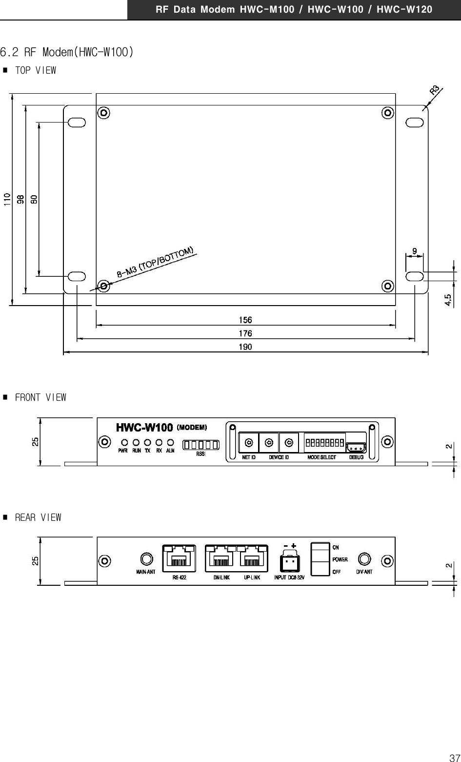 RF  Data  Modem  HWC-M100  /  HWC-W100  /  HWC-W120376.2 RF Modem(HWC-W100)∎ TOP VIEW∎ FRONT VIEW∎ REAR VIEW