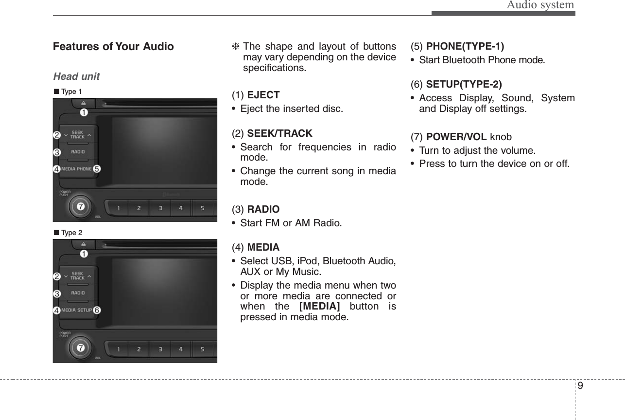 Features of Your AudioHead unit❈The shape and layout of buttonsmay vary depending on the devicespecifications.(1) EJECT• Eject the inserted disc.(2) SEEK/TRACK• Search for frequencies in radiomode. • Change the current song in mediamode.(3) RADIO• Start FM or AM Radio.(4) MEDIA• Select USB, iPod, Bluetooth Audio,AUX or My Music.• Display the media menu when twoor more media are connected orwhen the [MEDIA] button ispressed in media mode. (5) PHONE(TYPE-1)• Start Bluetooth Phone mode.(6) SETUP(TYPE-2)• Access Display, Sound, Systemand Display off settings.(7) POWER/VOL knob • Turn to adjust the volume.• Press to turn the device on or off.9Audio system■ Type 1■ Type 2