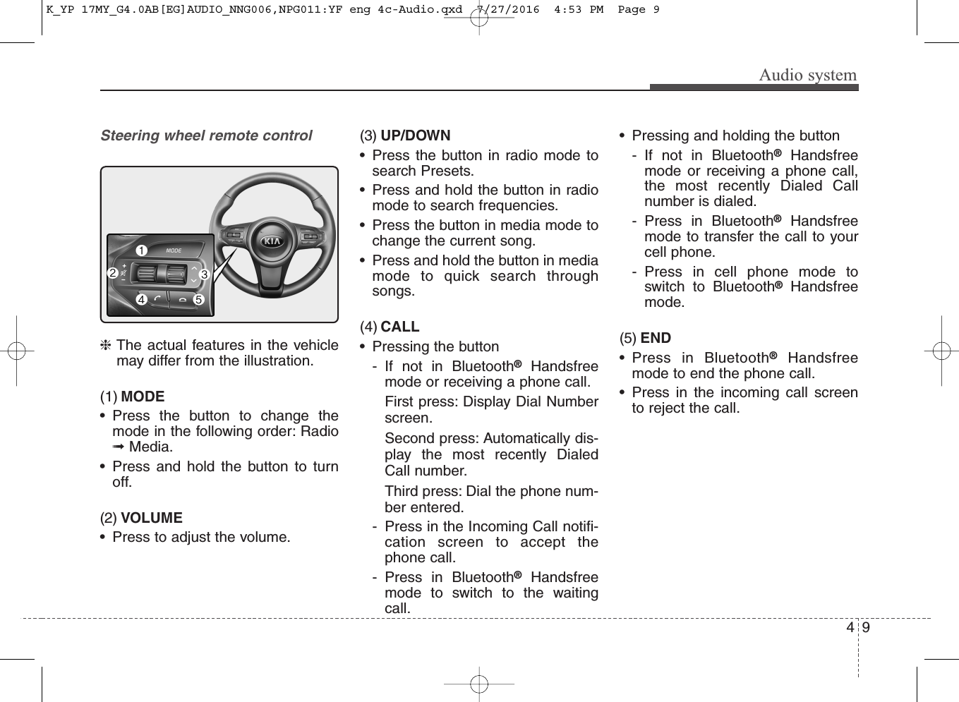 Audio system94Steering wheel remote control❈The actual features in the vehiclemay differ from the illustration.(1) MODE• Press the button to change themode in the following order: Radio➟Media.• Press and hold the button to turnoff.(2) VOLUME• Press to adjust the volume.(3) UP/DOWN• Press the button in radio mode tosearch Presets.• Press and hold the button in radiomode to search frequencies.• Press the button in media mode tochange the current song.• Press and hold the button in mediamode to quick search throughsongs.(4) CALL• Pressing the button- If not in Bluetooth®Handsfreemode or receiving a phone call.First press: Display Dial Numberscreen.Second press: Automatically dis-play the most recently DialedCall number.Third press: Dial the phone num-ber entered.- Press in the Incoming Call notifi-cation screen to accept thephone call.- Press in Bluetooth®Handsfreemode to switch to the waitingcall.• Pressing and holding the button- If not in Bluetooth®Handsfreemode or receiving a phone call,the most recently Dialed Callnumber is dialed.- Press in Bluetooth®Handsfreemode to transfer the call to yourcell phone.- Press in cell phone mode toswitch to Bluetooth®Handsfreemode.(5) END• Press in Bluetooth®Handsfreemode to end the phone call.• Press in the incoming call screento reject the call.K_YP 17MY_G4.0AB[EG]AUDIO_NNG006,NPG011:YF eng 4c-Audio.qxd  7/27/2016  4:53 PM  Page 9