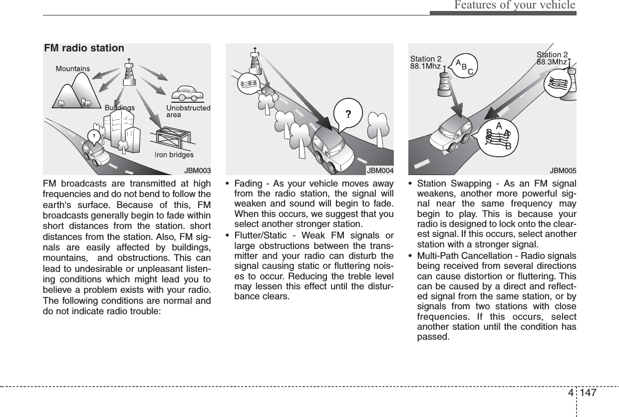 4 147Features of your vehicleFM broadcasts are transmitted at highfrequencies and do not bend to follow theearth&apos;s surface. Because of this, FMbroadcasts generally begin to fade withinshort distances from the station. shortdistances from the station. Also, FM sig-nals are easily affected by buildings,mountains,  and obstructions. This canlead to undesirable or unpleasant listen-ing conditions which might lead you tobelieve a problem exists with your radio.The following conditions are normal anddo not indicate radio trouble:• Fading - As your vehicle moves awayfrom the radio station, the signal willweaken and sound will begin to fade.When this occurs, we suggest that youselect another stronger station.• Flutter/Static - Weak FM signals orlarge obstructions between the trans-mitter and your radio can disturb thesignal causing static or fluttering nois-es to occur. Reducing the treble levelmay lessen this effect until the distur-bance clears.• Station Swapping - As an FM signalweakens, another more powerful sig-nal near the same frequency maybegin to play. This is because yourradio is designed to lock onto the clear-est signal. If this occurs, select anotherstation with a stronger signal.• Multi-Path Cancellation - Radio signalsbeing received from several directionscan cause distortion or fluttering. Thiscan be caused by a direct and reflect-ed signal from the same station, or bysignals from two stations with closefrequencies. If this occurs, selectanother station until the condition haspassed.JBM003FM radio stationJBM005¢¢¢JBM004