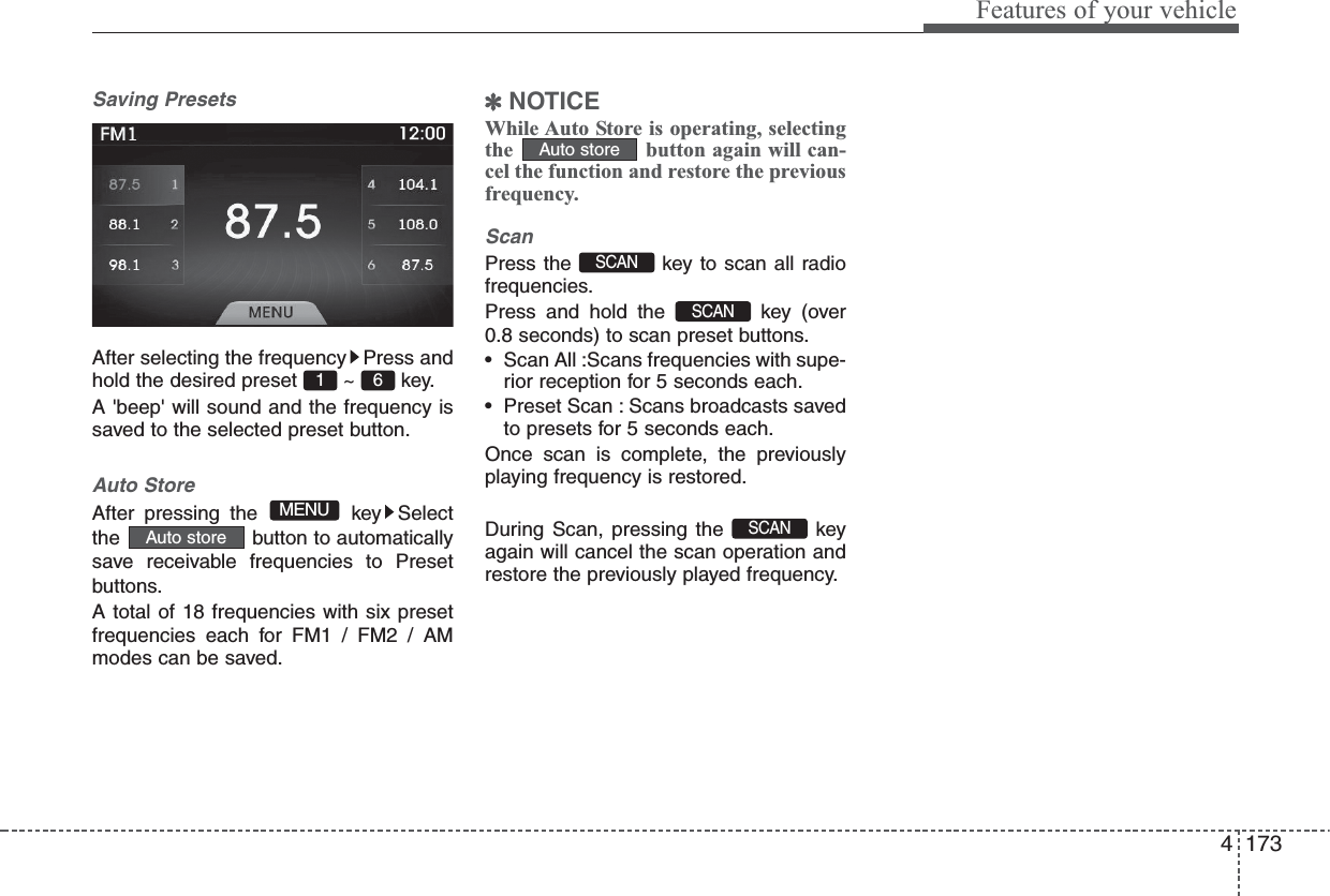 4 173Features of your vehicleSaving PresetsAfter selecting the frequency Press andhold the desired preset  ~  key.A &apos;beep&apos; will sound and the frequency issaved to the selected preset button.Auto StoreAfter pressing the  key Selectthe  button to automaticallysave receivable frequencies to Presetbuttons.A total of 18 frequencies with six presetfrequencies each for FM1 / FM2 / AMmodes can be saved.✽NOTICE While Auto Store is operating, selectingthe  button again will can-cel the function and restore the previousfrequency.ScanPress the  key to scan all radiofrequencies.Press and hold the  key (over0.8 seconds) to scan preset buttons.• Scan All :Scans frequencies with supe-rior reception for 5 seconds each.• Preset Scan : Scans broadcasts savedto presets for 5 seconds each.Once scan is complete, the previouslyplaying frequency is restored.During Scan, pressing the  keyagain will cancel the scan operation andrestore the previously played frequency.SCAN SCAN SCAN Auto storeAuto storeMENU6 1 