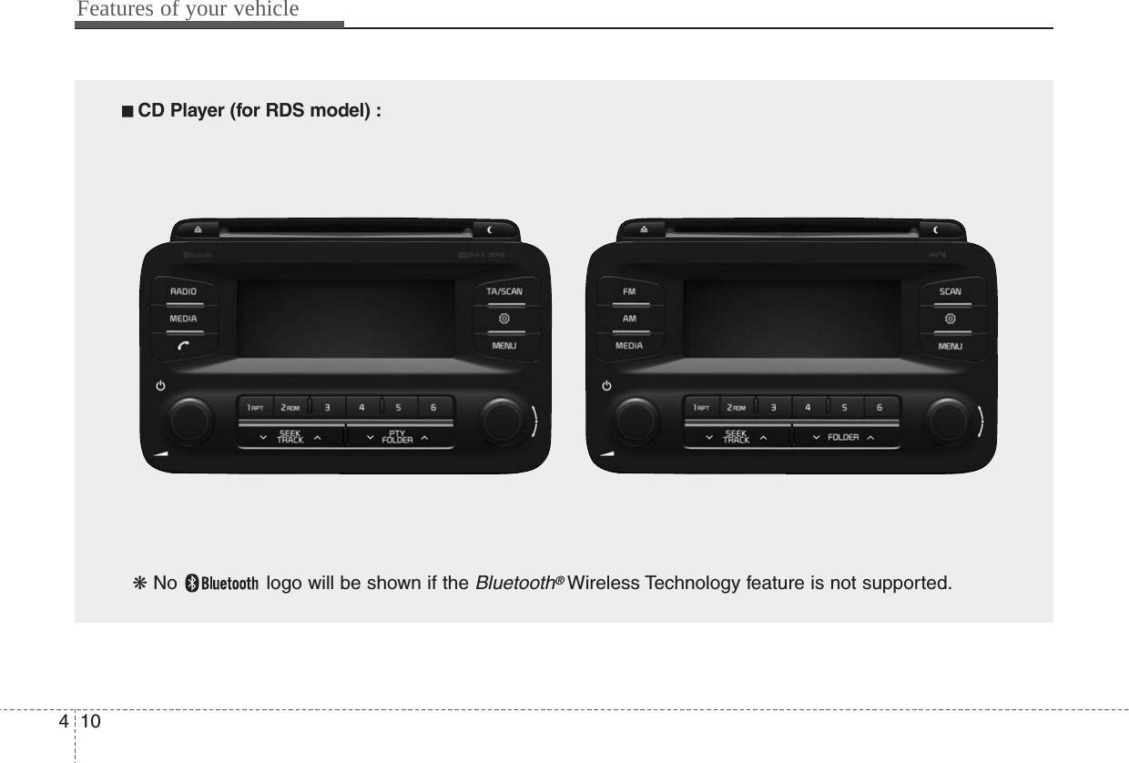 Features of your vehicle104■■  CD Player (for RDS model) :❋ No  logo will be shown if the Bluetooth®Wireless Technology feature is not supported.