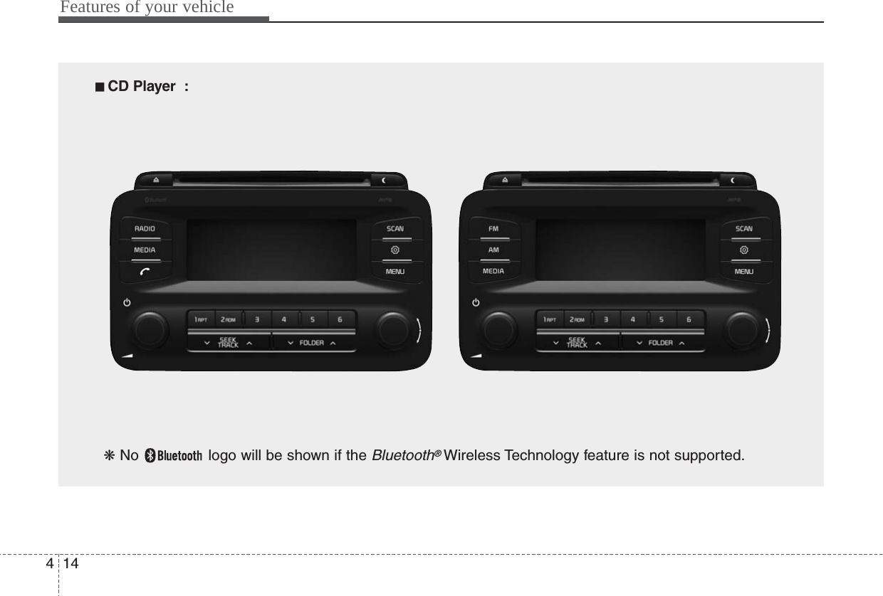 Features of your vehicle144■■  CD Player  :❋ No  logo will be shown if the Bluetooth®Wireless Technology feature is not supported.