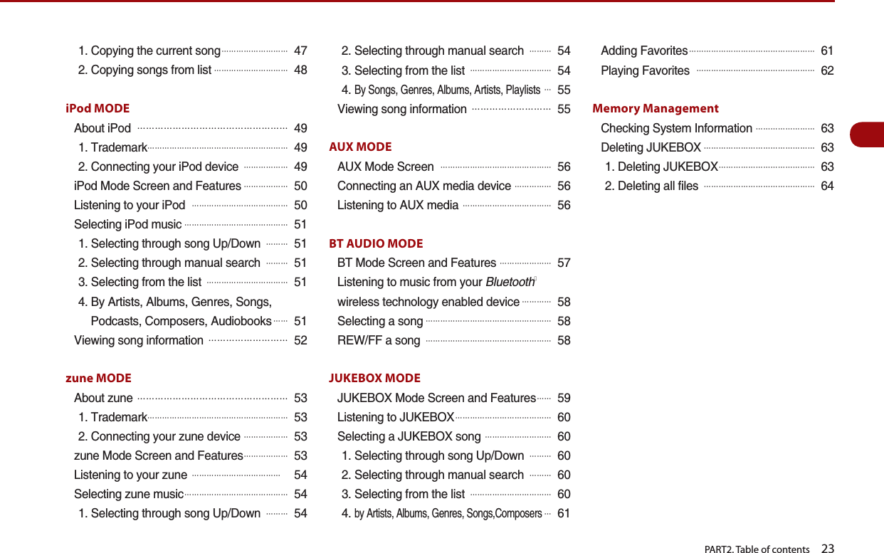   PART2. Table of contents    23%QR[KPIVJGEWTTGPVUQPI#䐙䐙䐙䐙䐙䐙䐙䐙䐙%QR[KPIUQPIUHTQONKUV#䐙䐙䐙䐙䐙䐙䐙䐙䐙䐙iPod MODE#DQWVK2QF# 䐙䐙䐙䐙䐙䐙䐙䐙䐙䐙䐙䐙䐙䐙䐙䐙䐙6TCFGOCTM䐙䐙䐙䐙䐙䐙䐙䐙䐙䐙䐙䐙䐙䐙䐙䐙䐙䐙䐙%QPPGEVKPI[QWTK2QFFGXKEG# 䐙䐙䐙䐙䐙䐙K2QF/QFG5ETGGPCPF(GCVWTGU#䐙䐙䐙䐙䐙䐙.KUVGPKPIVQ[QWTK2QF# 䐙䐙䐙䐙䐙䐙䐙䐙䐙䐙䐙䐙䐙5GNGEVKPIK2QFOWUKE#䐙䐙䐙䐙䐙䐙䐙䐙䐙䐙䐙䐙䐙䐙5GNGEVKPIVJTQWIJUQPI7R&amp;QYP# 䐙䐙䐙5GNGEVKPIVJTQWIJOCPWCNUGCTEJ# 䐙䐙䐙5GNGEVKPIHTQOVJGNKUV# 䐙䐙䐙䐙䐙䐙䐙䐙䐙䐙䐙$[#TVKUVU#NDWOU)GPTGU5QPIU2QFECUVU%QORQUGTU#WFKQDQQMU#䐙 䐙8KGYKPIUQPIKPHQTOCVKQP# 䐙䐙䐙䐙䐙䐙䐙䐙䐙zune MODE#DQWV\WPG# 䐙䐙䐙䐙䐙䐙䐙䐙䐙䐙䐙䐙䐙䐙䐙䐙䐙6TCFGOCTM䐙䐙䐙䐙䐙䐙䐙䐙䐙䐙䐙䐙䐙䐙䐙䐙䐙䐙䐙%QPPGEVKPI[QWT\WPGFGXKEG#䐙䐙䐙䐙䐙䐙\WPG/QFG5ETGGPCPF(GCVWTGU#䐙䐙䐙䐙䐙䐙.KUVGPKPIVQ[QWT\WPG# 䐙䐙䐙䐙䐙䐙䐙䐙䐙䐙䐙䐙5GNGEVKPI\WPGOWUKE#䐙䐙䐙䐙䐙䐙䐙䐙䐙䐙䐙䐙䐙䐙5GNGEVKPIVJTQWIJUQPI7R&amp;QYP# 䐙䐙䐙5GNGEVKPIVJTQWIJOCPWCNUGCTEJ# 䐙䐙䐙5GNGEVKPIHTQOVJGNKUV# 䐙䐙䐙䐙䐙䐙䐙䐙䐙䐙䐙$[5QPIU)GPTGU#NDWOU#TVKUVU2NC[NKUVU#䐙8KGYKPIUQPIKPHQTOCVKQP# 䐙䐙䐙䐙䐙䐙䐙䐙䐙AUX MODE#7:/QFG5ETGGP# 䐙䐙䐙䐙䐙䐙䐙䐙䐙䐙䐙䐙䐙䐙䐙%QPPGEVKPICP#7:OGFKCFGXKEG# 䐙䐙䐙䐙䐙.KUVGPKPIVQ#7:OGFKC# 䐙䐙䐙䐙䐙䐙䐙䐙䐙䐙䐙䐙BT AUDIO MODE$6/QFG5ETGGPCPF(GCVWTGU# 䐙䐙䐙䐙䐙䐙䐙.KUVGPKPIVQOWUKEHTQO[QWT$NWGVQQVJⓇYKTGNGUUVGEJPQNQI[GPCDNGFFGXKEG#䐙䐙䐙䐙5GNGEVKPICUQPI#䐙䐙䐙䐙䐙䐙䐙䐙䐙䐙䐙䐙䐙䐙䐙䐙䐙4&apos;9((CUQPI# 䐙䐙䐙䐙䐙䐙䐙䐙䐙䐙䐙䐙䐙䐙䐙䐙䐙JUKEBOX MODE,7-&apos;$1:/QFG5ETGGPCPF(GCVWTGU#䐙 䐙.KUVGPKPIVQ,7-&apos;$1:#䐙䐙䐙䐙䐙䐙䐙䐙䐙䐙䐙䐙䐙5GNGEVKPIC,7-&apos;$1:UQPI# 䐙䐙䐙䐙䐙䐙䐙䐙䐙5GNGEVKPIVJTQWIJUQPI7R&amp;QYP# 䐙䐙䐙5GNGEVKPIVJTQWIJOCPWCNUGCTEJ# 䐙䐙䐙5GNGEVKPIHTQOVJGNKUV# 䐙䐙䐙䐙䐙䐙䐙䐙䐙䐙䐙D[#TVKUVU#NDWOU)GPTGU5QPIU%QORQUGTU#䐙#FFKPI(CXQTKVGU#䐙䐙䐙䐙䐙䐙䐙䐙䐙䐙䐙䐙䐙䐙䐙䐙䐙2NC[KPI(CXQTKVGU# 䐙䐙䐙䐙䐙䐙䐙䐙䐙䐙䐙䐙䐙䐙䐙䐙Memory Management%JGEMKPI5[UVGO+PHQTOCVKQP# 䐙䐙䐙䐙䐙䐙䐙䐙&amp;GNGVKPI,7-&apos;$1:#䐙䐙䐙䐙䐙䐙䐙䐙䐙䐙䐙䐙䐙䐙䐙&amp;GNGVKPI,7-&apos;$1:#䐙䐙䐙䐙䐙䐙䐙䐙䐙䐙䐙䐙䐙&amp;GNGVKPICNNHKNGU# 䐙䐙䐙䐙䐙䐙䐙䐙䐙䐙䐙䐙䐙䐙䐙