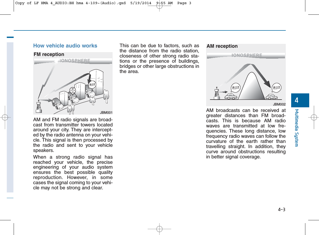 4-3Multimedia System4How vehicle audio worksAM and FM radio signals are broad-cast from transmitter towers locatedaround your city. They are intercept-ed by the radio antenna on your vehi-cle. This signal is then processed bythe radio and sent to your vehiclespeakers. When a strong radio signal hasreached your vehicle, the preciseengineering of your audio systemensures the best possible qualityreproduction. However, in somecases the signal coming to your vehi-cle may not be strong and clear. This can be due to factors, such asthe distance from the radio station,closeness of other strong radio sta-tions or the presence of buildings,bridges or other large obstructions inthe area.AM broadcasts can be received atgreater distances than FM broad-casts. This is because AM radiowaves are transmitted at low fre-quencies. These long distance, lowfrequency radio waves can follow thecurvature of the earth rather thantravelling straight. In addition, theycurve around obstructions resultingin better signal coverage.JBM001FM receptionJBM002AM receptionCopy of LF HMA 4_AUDIO:BH hma 4-109~(Audio).qxd  5/19/2014  9:55 AM  Page 3