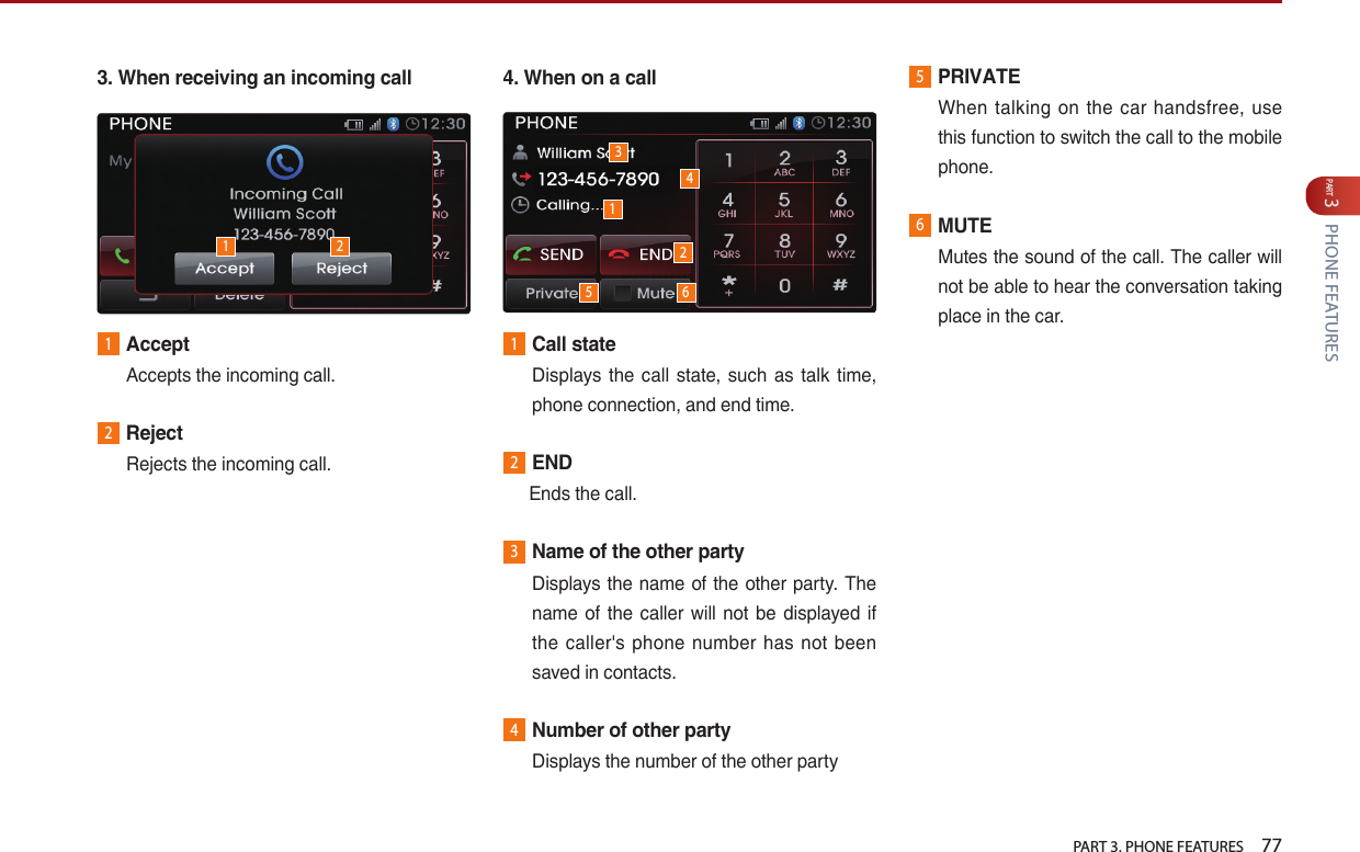   PART 3. PHONE FEATURES    77PART 3 PHONE FEATURES3. When receiving an incoming call1Accept2Reject4. When on a call1Call state       2END 3Name of the other party               4Number of other party5PRIVATE      6MUTE311225 64