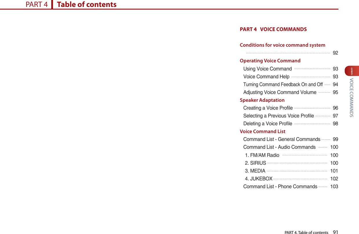  VOICE COMMANDS  PART 4. Table of contents    91contentsPART 4      Table of contentsPART 4   VOICE COMMANDS Conditions for voice command system 󲬚󲬚󲬚󲬚󲬚󲬚󲬚󲬚󲬚󲬚󲬚󲬚󲬚󲬚󲬚󲬚󲬚󲬚󲬚󲬚󲬚󲬚󲬚󲬚󲬚󲬚󲬚󲬚 92Operating Voice CommandUsing Voice Command 󲬚󲬚󲬚󲬚󲬚󲬚󲬚󲬚󲬚󲬚󲬚󲬚 93Voice Command Help 󲬚󲬚󲬚󲬚󲬚󲬚󲬚󲬚󲬚󲬚󲬚󲬚󲬚 93Turning Command Feedback On and Off 󲬚󲬚 94Adjusting Voice Command Volume 󲬚󲬚󲬚󲬚 95Speaker AdaptationCreating a Voice Profile 󲬚󲬚󲬚󲬚󲬚󲬚󲬚󲬚󲬚󲬚󲬚󲬚 96Selecting a Previous Voice Profile 󲬚󲬚󲬚󲬚󲬚 97Deleting a Voice Profile 󲬚󲬚󲬚󲬚󲬚󲬚󲬚󲬚󲬚󲬚󲬚󲬚 98Voice Command ListCommand List - General Commands󲬚󲬚󲬚 99Command List - Audio Commands 󲬚󲬚󲬚 1001. FM/AM Radio 󲬚󲬚󲬚󲬚󲬚󲬚󲬚󲬚󲬚󲬚󲬚󲬚󲬚󲬚󲬚 1002. SIRIUS󲬚󲬚󲬚󲬚󲬚󲬚󲬚󲬚󲬚󲬚󲬚󲬚󲬚󲬚󲬚󲬚󲬚󲬚󲬚󲬚 1003. MEDIA 󲬚󲬚󲬚󲬚󲬚󲬚󲬚󲬚󲬚󲬚󲬚󲬚󲬚󲬚󲬚󲬚󲬚󲬚󲬚󲬚 1014. JUKEBOX󲬚󲬚󲬚󲬚󲬚󲬚󲬚󲬚󲬚󲬚󲬚󲬚󲬚󲬚󲬚󲬚󲬚󲬚 102Command List - Phone Commands󲬚󲬚󲬚 103
