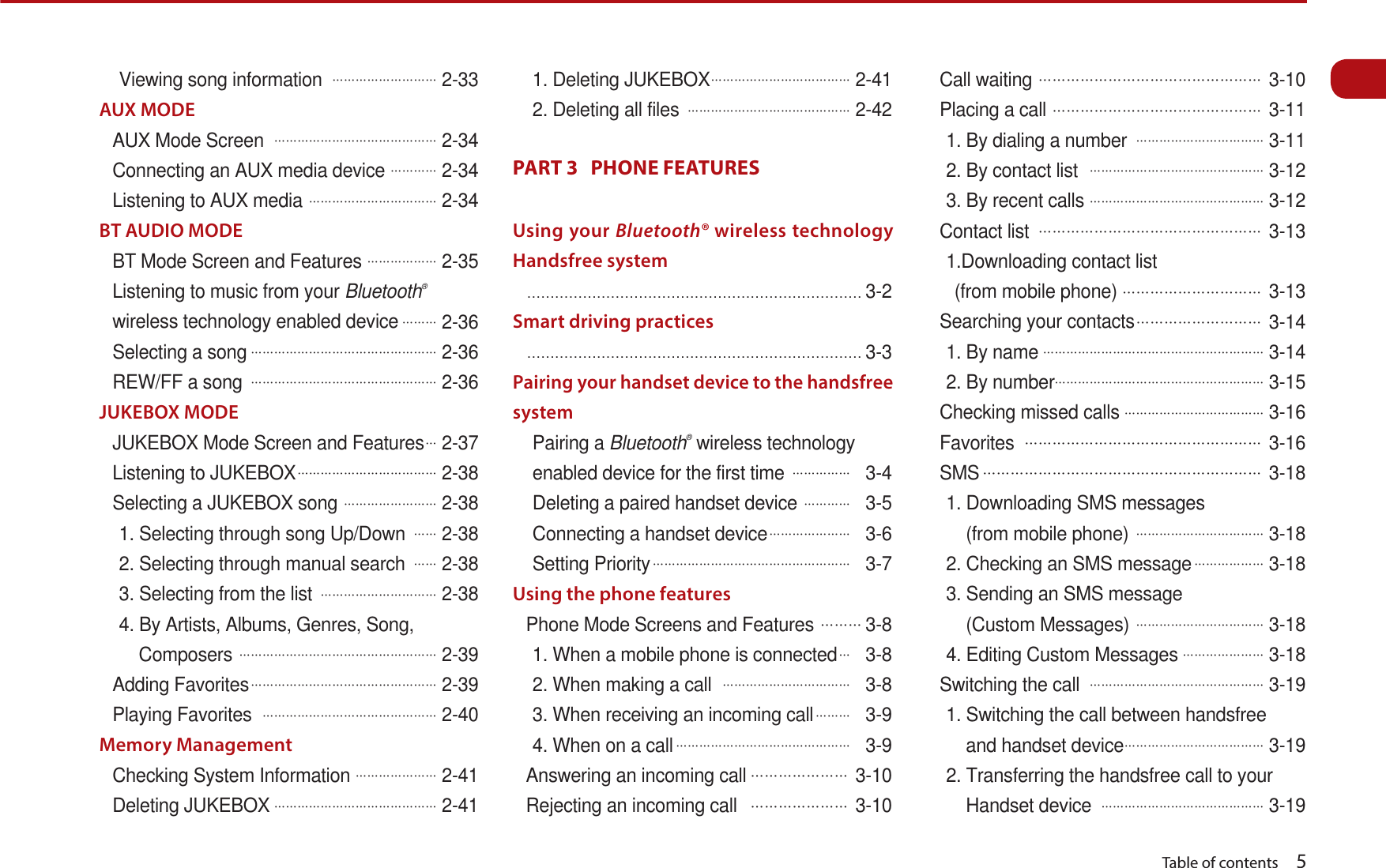   Table of contents    5Viewing song information ᔬᔬᔬᔬᔬᔬᔬᔬᔬ 2-33AUX MODEAUX Mode Screen ᔬᔬᔬᔬᔬᔬᔬᔬᔬᔬᔬᔬᔬᔬ 2-34Connecting an AUX media device ᔬᔬᔬᔬ 2-34Listening to AUX media ᔬᔬᔬᔬᔬᔬᔬᔬᔬᔬᔬ 2-34BT AUDIO MODEBT Mode Screen and Features ᔬᔬᔬᔬᔬᔬ 2-35Listening to music from your Bluetooth®wireless technology enabled deviceᔬᔬᔬ 2-36Selecting a songᔬᔬᔬᔬᔬᔬᔬᔬᔬᔬᔬᔬᔬᔬᔬᔬ 2-36REW/FF a song ᔬᔬᔬᔬᔬᔬᔬᔬᔬᔬᔬᔬᔬᔬᔬᔬ 2-36JUKEBOX MODEJUKEBOX Mode Screen and Featuresᔬ 2-37Listening to JUKEBOXᔬᔬᔬᔬᔬᔬᔬᔬᔬᔬᔬᔬ 2-38Selecting a JUKEBOX song ᔬᔬᔬᔬᔬᔬᔬᔬ 2-381. Selecting through song Up/Downᔬᔬ 2-382. Selecting through manual searchᔬᔬ 2-383. Selecting from the list ᔬᔬᔬᔬᔬᔬᔬᔬᔬᔬ 2-384. By Artists, Albums, Genres, Song, Composers ᔬᔬᔬᔬᔬᔬᔬᔬᔬᔬᔬᔬᔬᔬᔬᔬᔬ 2-39Adding Favoritesᔬᔬᔬᔬᔬᔬᔬᔬᔬᔬᔬᔬᔬᔬᔬᔬ2-39Playing Favorites ᔬᔬᔬᔬᔬᔬᔬᔬᔬᔬᔬᔬᔬᔬᔬ2-40Memory ManagementChecking System Informationᔬᔬᔬᔬᔬᔬᔬ 2-41Deleting JUKEBOXᔬᔬᔬᔬᔬᔬᔬᔬᔬᔬᔬᔬᔬᔬ 2-411. Deleting JUKEBOXᔬᔬᔬᔬᔬᔬᔬᔬᔬᔬᔬᔬ 2-412. Deleting all files ᔬᔬᔬᔬᔬᔬᔬᔬᔬᔬᔬᔬᔬᔬ 2-42PART 3   PHONE FEATURES Using your Bluetooth® wireless technology Handsfree system ………………………………………………………………3-2Smart driving practices ………………………………………………………………3-3Pairing your handset device to the handsfree systemPairing a Bluetooth® wireless technology enabled device for the first time ᔬᔬᔬᔬᔬ 3-4Deleting a paired handset device ᔬᔬᔬᔬ 3-5Connecting a handset deviceᔬᔬᔬᔬᔬᔬᔬ 3-6Setting Priorityᔬᔬᔬᔬᔬᔬᔬᔬᔬᔬᔬᔬᔬᔬᔬᔬᔬ 3-7Using the phone featuresPhone Mode Screens and Featuresᔬᔬᔬ3-81. When a mobile phone is connectedᔬ 3-82. When making a call ᔬᔬᔬᔬᔬᔬᔬᔬᔬᔬᔬ 3-83. When receiving an incoming callᔬᔬᔬ 3-94. When on a callᔬᔬᔬᔬᔬᔬᔬᔬᔬᔬᔬᔬᔬᔬᔬ 3-9Answering an incoming callᔬᔬᔬᔬᔬᔬᔬ3-10Rejecting an incoming call ᔬᔬᔬᔬᔬᔬᔬ3-10Call waitingᔬᔬᔬᔬᔬᔬᔬᔬᔬᔬᔬᔬᔬᔬᔬᔬ3-10Placing a callᔬᔬᔬᔬᔬᔬᔬᔬᔬᔬᔬᔬᔬᔬᔬ3-111. By dialing a number ᔬᔬᔬᔬᔬᔬᔬᔬᔬᔬᔬ 3-112. By contact list ᔬᔬᔬᔬᔬᔬᔬᔬᔬᔬᔬᔬᔬᔬᔬ 3-123. By recent calls ᔬᔬᔬᔬᔬᔬᔬᔬᔬᔬᔬᔬᔬᔬᔬ 3-12Contact list ᔬᔬᔬᔬᔬᔬᔬᔬᔬᔬᔬᔬᔬᔬᔬᔬ3-131.Downloading contact list   (from mobile phone)ᔬᔬᔬᔬᔬᔬᔬᔬᔬᔬ3-13Searching your contactsᔬᔬᔬᔬᔬᔬᔬᔬᔬ3-141. By nameᔬᔬᔬᔬᔬᔬᔬᔬᔬᔬᔬᔬᔬᔬᔬᔬᔬᔬᔬ 3-142. By numberᔬᔬᔬᔬᔬᔬᔬᔬᔬᔬᔬᔬᔬᔬᔬᔬᔬᔬ 3-15Checking missed callsᔬᔬᔬᔬᔬᔬᔬᔬᔬᔬᔬᔬ 3-16Favorites ᔬᔬᔬᔬᔬᔬᔬᔬᔬᔬᔬᔬᔬᔬᔬᔬᔬ3-16SMSᔬᔬᔬᔬᔬᔬᔬᔬᔬᔬᔬᔬᔬᔬᔬᔬᔬᔬᔬᔬ3-181. Downloading SMS messages    (from mobile phone) ᔬᔬᔬᔬᔬᔬᔬᔬᔬᔬᔬ 3-182. Checking an SMS messageᔬᔬᔬᔬᔬᔬ 3-183. Sending an SMS message    (Custom Messages) ᔬᔬᔬᔬᔬᔬᔬᔬᔬᔬᔬ 3-184. Editing Custom Messagesᔬᔬᔬᔬᔬᔬᔬ 3-18Switching the call ᔬᔬᔬᔬᔬᔬᔬᔬᔬᔬᔬᔬᔬᔬᔬ 3-191. Switching the call between handsfree    and handset deviceᔬᔬᔬᔬᔬᔬᔬᔬᔬᔬᔬᔬ 3-192. Transferring the handsfree call to your    Handset device ᔬᔬᔬᔬᔬᔬᔬᔬᔬᔬᔬᔬᔬᔬ 3-19