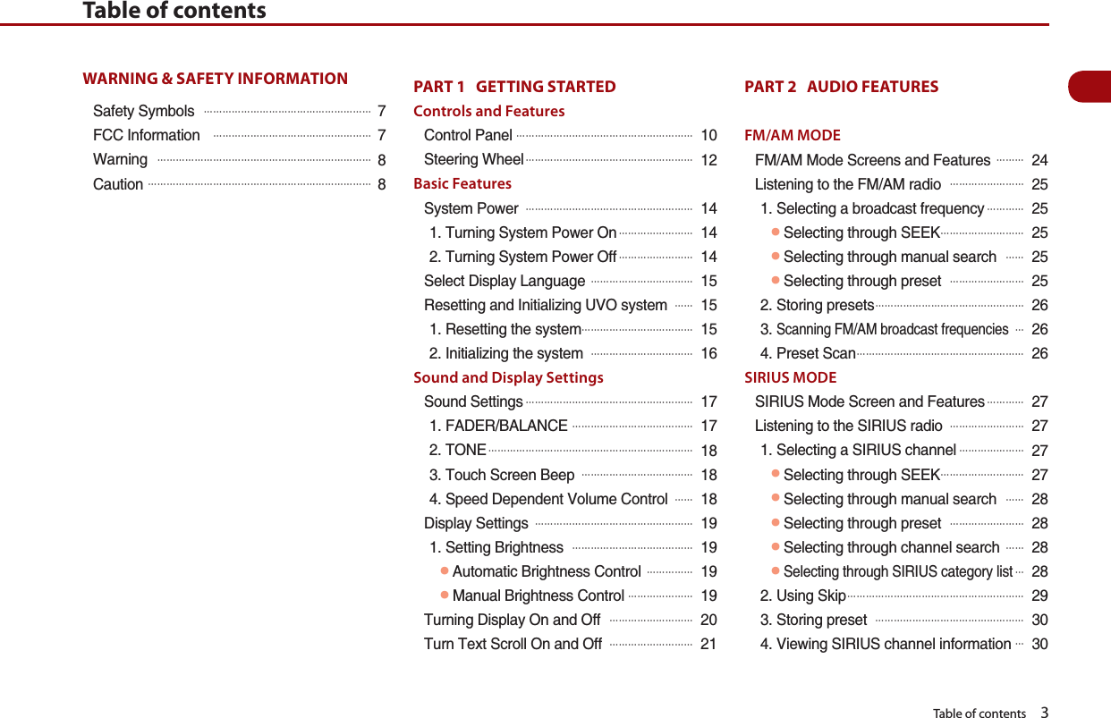   Table of contents    3WARNING &amp; SAFETY INFORMATION 5CHGV[5[ODQNU# 䐙䐙䐙䐙䐙䐙䐙䐙䐙䐙䐙䐙䐙䐙䐙䐙䐙䐙(%%+PHQTOCVKQP# 䐙䐙䐙䐙䐙䐙䐙䐙䐙䐙䐙䐙䐙䐙䐙䐙䐙9CTPKPI# 䐙䐙䐙䐙䐙䐙䐙䐙䐙䐙䐙䐙䐙䐙䐙䐙䐙䐙䐙䐙䐙䐙䐙%CWVKQP#䐙䐙䐙䐙䐙䐙䐙䐙䐙䐙䐙䐙䐙䐙䐙䐙䐙䐙䐙䐙䐙䐙䐙䐙PART 1   GETTING STARTED Controls and Features%QPVTQN2CPGN#䐙䐙䐙䐙䐙䐙䐙䐙䐙䐙䐙䐙䐙䐙䐙䐙䐙䐙䐙5VGGTKPI9JGGN#䐙䐙䐙䐙䐙䐙䐙䐙䐙䐙䐙䐙䐙䐙䐙䐙䐙䐙Basic Features5[UVGO2QYGT# 䐙䐙䐙䐙䐙䐙䐙䐙䐙䐙䐙䐙䐙䐙䐙䐙䐙䐙6WTPKPI5[UVGO2QYGT1P#䐙䐙䐙䐙䐙䐙䐙䐙6WTPKPI5[UVGO2QYGT1HH#䐙䐙䐙䐙䐙䐙䐙䐙5GNGEV&amp;KURNC[.CPIWCIG# 䐙䐙䐙䐙䐙䐙䐙䐙䐙䐙䐙4GUGVVKPICPF+PKVKCNK\KPI781U[UVGO#䐙䐙4GUGVVKPIVJGU[UVGO䐙䐙䐙䐙䐙䐙䐙䐙䐙䐙䐙䐙+PKVKCNK\KPIVJGU[UVGO# 䐙䐙䐙䐙䐙䐙䐙䐙䐙䐙䐙Sound and Display Settings5QWPF5GVVKPIU#䐙䐙䐙䐙䐙䐙䐙䐙䐙䐙䐙䐙䐙䐙䐙䐙䐙䐙(#&amp;&apos;4$#.#0%&apos;#䐙䐙䐙䐙䐙䐙䐙䐙䐙䐙䐙䐙䐙610&apos;#䐙䐙䐙䐙䐙䐙䐙䐙䐙䐙䐙䐙䐙䐙䐙䐙䐙䐙䐙䐙䐙䐙6QWEJ5ETGGP$GGR# 䐙䐙䐙䐙䐙䐙䐙䐙䐙䐙䐙䐙5RGGF&amp;GRGPFGPV8QNWOG%QPVTQN#䐙䐙&amp;KURNC[5GVVKPIU# 䐙䐙䐙䐙䐙䐙䐙䐙䐙䐙䐙䐙䐙䐙䐙䐙䐙5GVVKPI$TKIJVPGUU# 䐙䐙䐙䐙䐙䐙䐙䐙䐙䐙䐙䐙䐙㿋#WVQOCVKE$TKIJVPGUU%QPVTQN# 䐙䐙䐙䐙䐙㿋/CPWCN$TKIJVPGUU%QPVTQN#䐙䐙䐙䐙䐙䐙䐙6WTPKPI&amp;KURNC[1PCPF1HH# 䐙䐙䐙䐙䐙䐙䐙䐙䐙6WTP6GZV5ETQNN1PCPF1HH# 䐙䐙䐙䐙䐙䐙䐙䐙䐙PART 2   AUDIO FEATURES FM/AM MODE(/#//QFG5ETGGPUCPF(GCVWTGU# 䐙䐙䐙.KUVGPKPIVQVJG(/#/TCFKQ# 䐙䐙䐙䐙䐙䐙䐙䐙5GNGEVKPICDTQCFECUVHTGSWGPE[#䐙䐙䐙䐙㿋5GNGEVKPIVJTQWIJ5&apos;&apos;-#䐙䐙䐙䐙䐙䐙䐙䐙䐙㿋5GNGEVKPIVJTQWIJOCPWCNUGCTEJ#䐙䐙㿋5GNGEVKPIVJTQWIJRTGUGV# 䐙䐙䐙䐙䐙䐙䐙䐙5VQTKPIRTGUGVU#䐙䐙䐙䐙䐙䐙䐙䐙䐙䐙䐙䐙䐙䐙䐙䐙5ECPPKPI(/#/DTQCFECUVHTGSWGPEKGU#䐙2TGUGV5ECP#䐙䐙䐙䐙䐙䐙䐙䐙䐙䐙䐙䐙䐙䐙䐙䐙䐙䐙SIRIUS MODE5+4+75/QFG5ETGGPCPF(GCVWTGU#䐙䐙䐙䐙.KUVGPKPIVQVJG5+4+75TCFKQ# 䐙䐙䐙䐙䐙䐙䐙䐙5GNGEVKPIC5+4+75EJCPPGN#䐙䐙䐙䐙䐙䐙䐙㿋5GNGEVKPIVJTQWIJ5&apos;&apos;-#䐙䐙䐙䐙䐙䐙䐙䐙䐙㿋5GNGEVKPIVJTQWIJOCPWCNUGCTEJ#䐙䐙㿋5GNGEVKPIVJTQWIJRTGUGV# 䐙䐙䐙䐙䐙䐙䐙䐙㿋5GNGEVKPIVJTQWIJEJCPPGNUGCTEJ#䐙䐙㿋5GNGEVKPIVJTQWIJ5+4+75ECVGIQT[NKUV#䐙7UKPI5MKR#䐙䐙䐙䐙䐙䐙䐙䐙䐙䐙䐙䐙䐙䐙䐙䐙䐙䐙䐙5VQTKPIRTGUGV# 䐙䐙䐙䐙䐙䐙䐙䐙䐙䐙䐙䐙䐙䐙䐙䐙8KGYKPI5+4+75EJCPPGNKPHQTOCVKQP#䐙Table of contents