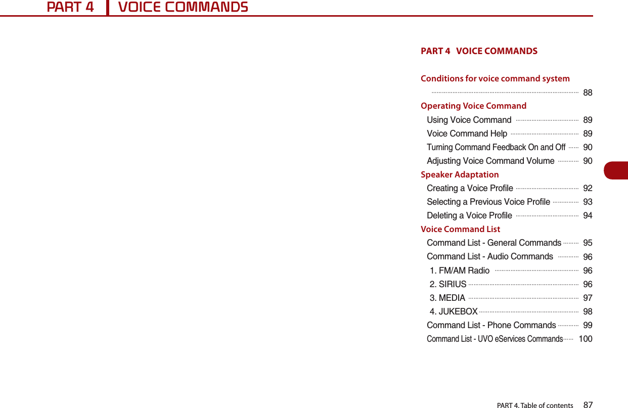 PART 4. Table of contents     873$5792,&amp;(&amp;200$1&apos;6PART 4   VOICE COMMANDS Conditions for voice command system# 䐙䐙䐙䐙䐙䐙䐙䐙䐙䐙䐙䐙䐙䐙䐙䐙䐙䐙䐙䐙䐙䐙䐙䐙䐙䐙䐙䐙Operating Voice Command7UKPI8QKEG%QOOCPF# 䐙䐙䐙䐙䐙䐙䐙䐙䐙䐙䐙䐙8QKEG%QOOCPF*GNR# 䐙䐙䐙䐙䐙䐙䐙䐙䐙䐙䐙䐙䐙6WTPKPI%QOOCPF(GGFDCEM1PCPF1HH#䐙䐙#FLWUVKPI8QKEG%QOOCPF8QNWOG# 䐙䐙䐙䐙Speaker Adaptation%TGCVKPIC8QKEG2TQHKNG# 䐙䐙䐙䐙䐙䐙䐙䐙䐙䐙䐙䐙5GNGEVKPIC2TGXKQWU8QKEG2TQHKNG# 䐙䐙䐙䐙䐙&amp;GNGVKPIC8QKEG2TQHKNG# 䐙䐙䐙䐙䐙䐙䐙䐙䐙䐙䐙䐙Voice Command List%QOOCPF.KUV)GPGTCN%QOOCPFU#䐙䐙䐙%QOOCPF.KUV#WFKQ%QOOCPFU# 䐙䐙䐙䐙(/#/4CFKQ# 䐙䐙䐙䐙䐙䐙䐙䐙䐙䐙䐙䐙䐙䐙䐙䐙5+4+75#䐙䐙䐙䐙䐙䐙䐙䐙䐙䐙䐙䐙䐙䐙䐙䐙䐙䐙䐙䐙䐙/&apos;&amp;+## 䐙䐙䐙䐙䐙䐙䐙䐙䐙䐙䐙䐙䐙䐙䐙䐙䐙䐙䐙䐙䐙,7-&apos;$1:#䐙䐙䐙䐙䐙䐙䐙䐙䐙䐙䐙䐙䐙䐙䐙䐙䐙䐙䐙%QOOCPF.KUV2JQPG%QOOCPFU#䐙䐙䐙䐙%QOOCPF.KUV781G5GTXKEGU%QOOCPFU#䐙䐙