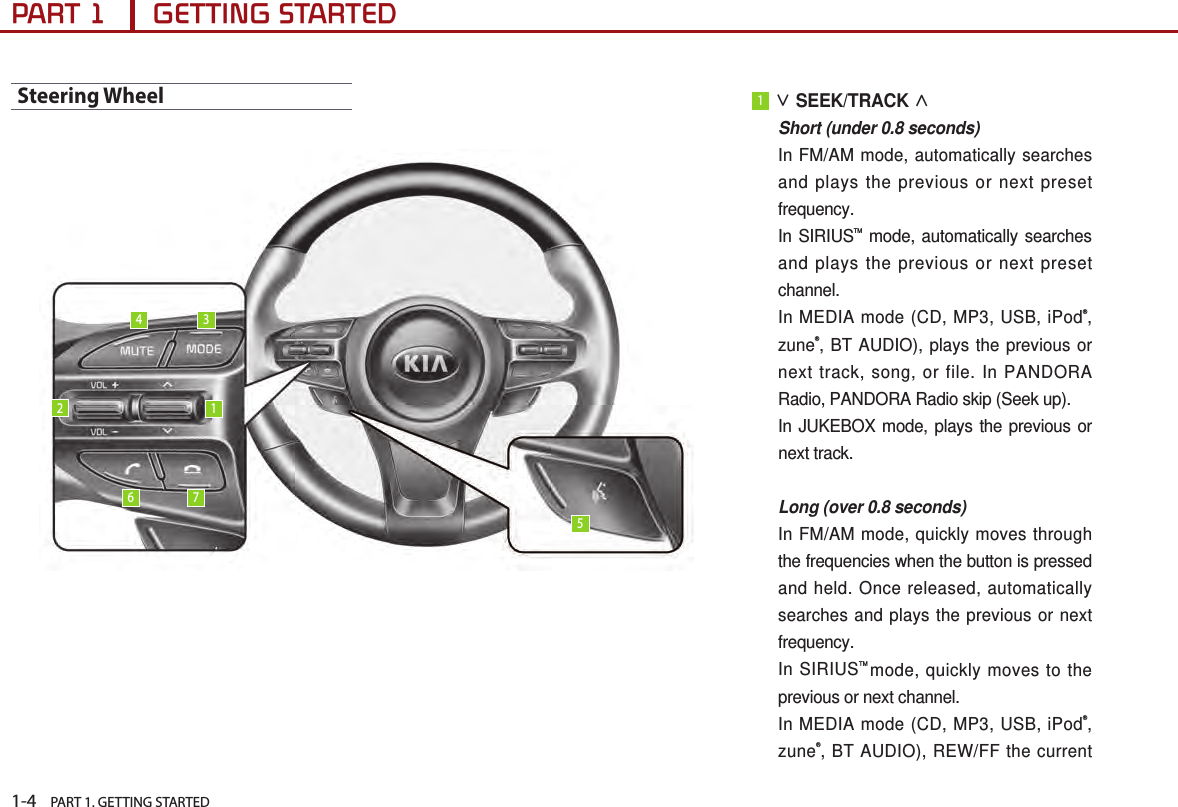 1-4    PART 1. GETTING STARTEDPART 1      GETTING STARTEDSteering Wheel 1 ∨ SEEK/TRACK ∧ Short (under 0.8 seconds) In FM/AM mode, automatically searches and plays the previous or next preset frequency. In  SIRIUSTM mode, automatically searches and plays the previous or next preset channel. In MEDIA mode (CD, MP3, USB, iPod®, zune®, BT AUDIO), plays the previous or next track, song, or file. In PANDORA Radio, PANDORA Radio skip (Seek up).  In JUKEBOX mode, plays the previous or next track.  Long (over 0.8 seconds)In FM/AM mode, quickly moves through the frequencies when the button is pressed and held. Once released, automatically searches and plays the previous or next frequency. In  SIRIUSTM mode, quickly moves to the previous or next channel.  In MEDIA mode (CD, MP3, USB, iPod®, zune®, BT AUDIO), REW/FF the current 123456 7