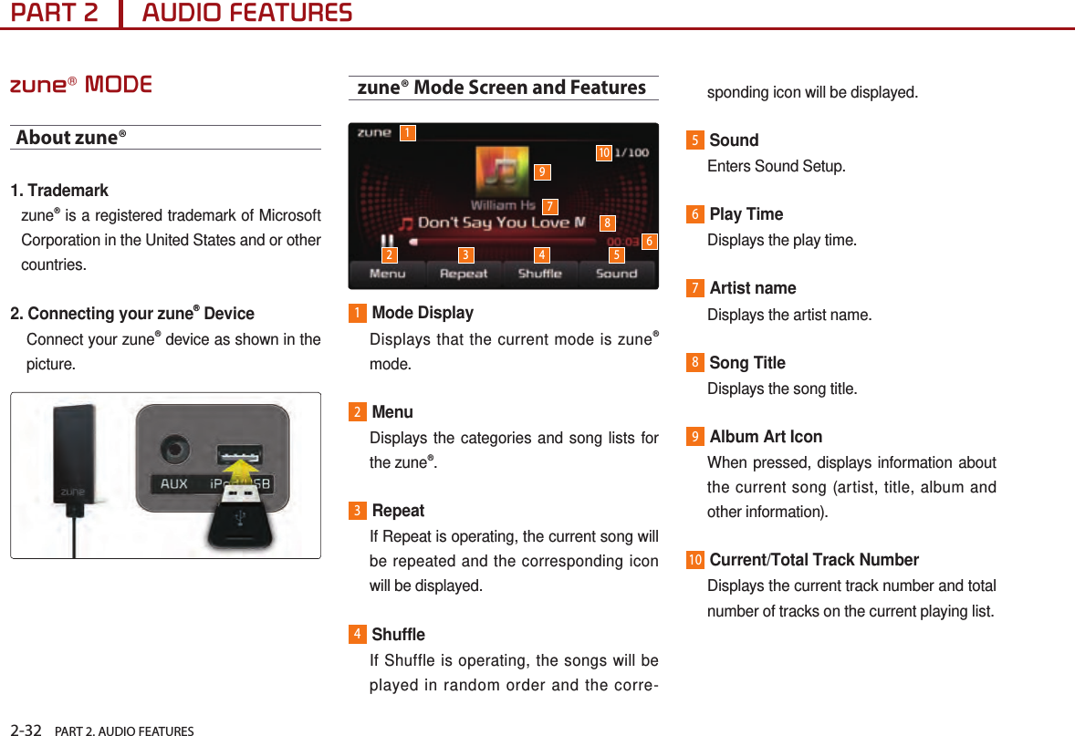 2-32    PART 2. AUDIO FEATURESPART 2      AUDIO FEATURESzune® MODEAbout zune®1. Trademarkzune® is a registered trademark of Microsoft Corporation in the United States and or other countries.2. Connecting your zune® DeviceConnect your zune® device as shown in the picture. zune® Mode Screen and Features1Mode Display   Displays that the current mode is zune® mode.2Menu   Displays the categories and song lists for the zune®.3Repeat   If Repeat is operating, the current song will be repeated and the corresponding icon will be displayed.4Shuffle    If Shuffle is operating, the songs will be played in random order and the corre-sponding icon will be displayed.5Sound  Enters Sound Setup.6Play Time  Displays the play time.7Artist name  Displays the artist name.8Song Title  Displays the song title.9Album Art Icon   When pressed, displays information about the current song (artist, title, album and other information).10Current/Total Track Number   Displays the current track number and total number of tracks on the current playing list. 12 3 4 5679108