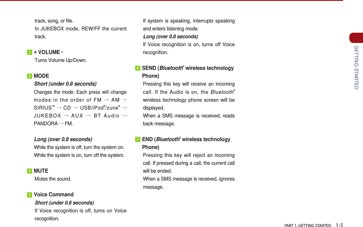   PART 1. GETTING STARTED    1-5 GETTING STARTEDtrack, song, or file. In JUKEBOX mode, REW/FF the current track. 2 + VOLUME - Turns Volume Up/Down.3 MODE Short (under 0.8 seconds) Changes the mode. Each press will change modes in the order of FM → AM →SIRIUSTM → CD →  USB/iPod®/zune® → JUKEBOX  → AUX →  BT Audio → PANDORA → FM.Long (over 0.8 seconds)While the system is off, turn the system on.While the system is on, turn off the system.4 MUTEMutes the sound.5Voice CommandShort (under 0.8 seconds) If Voice recognition is off, turns on Voice recognition.If system is speaking, interrupts speaking and enters listening mode.Long (over 0.8 seconds) If Voice recognition is on, turns off Voice recognition. 6 SEND (Bluetooth® wireless technologyPhone)Pressing this key will receive an incoming call. If the Audio is on, the Bluetooth® wireless technology phone screen will be displayed. When a SMS message is received, reads back message.7 END (Bluetooth® wireless technologyPhone) Pressing this key will reject an incoming call. If pressed during a call, the current call will be ended.      When a SMS message is received, ignores message. 