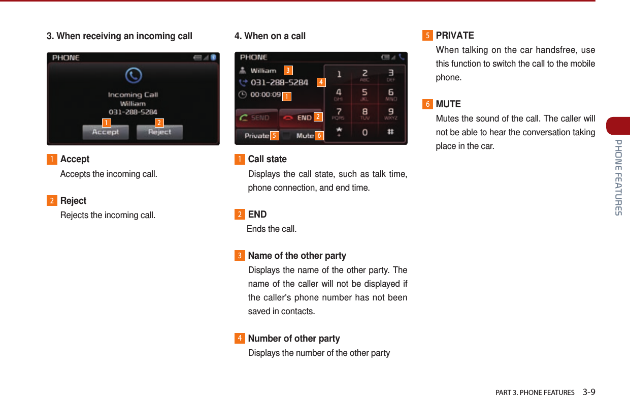   PART 3. PHONE FEATURES    3-9 PHONE FEATURES3. When receiving an incoming call1AcceptAccepts the incoming call.2RejectRejects the incoming call.4. When on a call1Call state Displays the call state, such as talk time, phone connection, and end time.2END  Ends the call.3Name of the other party Displays the name of the other party. The name of the caller will not be displayed if the caller&apos;s phone number has not been saved in contacts.4Number of other partyDisplays the number of the other party5PRIVATEWhen talking on the car handsfree, use this function to switch the call to the mobile phone.6MUTEMutes the sound of the call. The caller will not be able to hear the conversation taking place in the car.311225 64