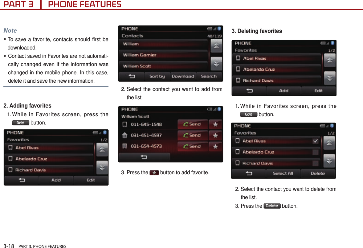 3-18    PART 3. PHONE FEATURESPART 3      PHONE FEATURESNote●To save a favorite, contacts should first be downloaded.●Contact saved in Favorites are not automati-cally changed even if the information was changed in the mobile phone. In this case, delete it and save the new information.2. Adding favorites1.  While in Favorites screen, press the Add  button.2.  Select the contact you want to add from the list.3.  Press  the   button to add favorite.3. Deleting favorites1.  While in Favorites screen, press the Edit  button.2.  Select the contact you want to delete from the list.3. Press the  Delete  button.
