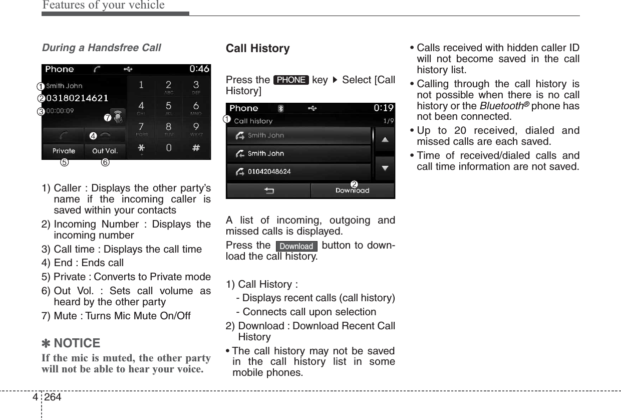 Features of your vehicle2644During a Handsfree Call1) Caller : Displays the other party’sname if the incoming caller issaved within your contacts2) Incoming Number : Displays theincoming number3) Call time : Displays the call time4) End : Ends call5) Private : Converts to Private mode6) Out  Vol. : Sets  call  volume  asheard by the other party7) Mute : Turns Mic Mute On/Off✽NOTICE If the mic is muted, the other partywill not be able to hear your voice.Call HistoryPress the  key  Select [CallHistory]A list of incoming, outgoing andmissed calls is displayed.Press the  button to down-load the call history.1) Call History :- Displays recent calls (call history)- Connects call upon selection2) Download : Download Recent CallHistory• The call history may not be savedin the call history list in somemobile phones.• Calls received with hidden caller IDwill not become saved in the callhistory list.• Calling through the call history isnot possible when there is no callhistory or the Bluetooth®phone hasnot been connected.• Up to 20 received, dialed andmissed calls are each saved.• Time of received/dialed calls andcall time information are not saved.DownloadPHONE 