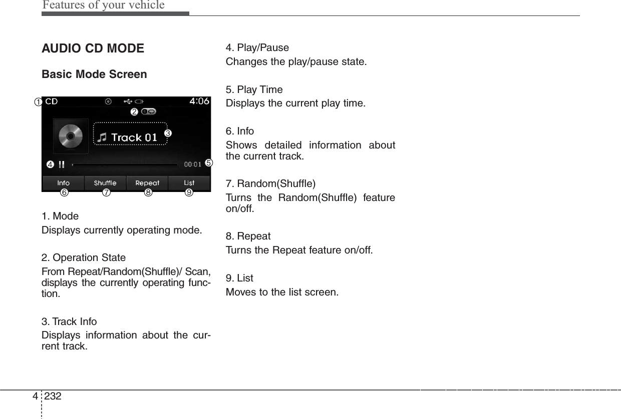 Features of your vehicle2324AUDIO CD MODEBasic Mode Screen1. ModeDisplays currently operating mode.2. Operation StateFrom Repeat/Random(Shuffle)/ Scan,displays the currently operating func-tion.3. Track InfoDisplays information about the cur-rent track.4. Play/PauseChanges the play/pause state.5. Play TimeDisplays the current play time.6. InfoShows detailed information aboutthe current track.7. Random(Shuffle)Turns the Random(Shuffle) featureon/off.8. RepeatTurns the Repeat feature on/off.9. ListMoves to the list screen.