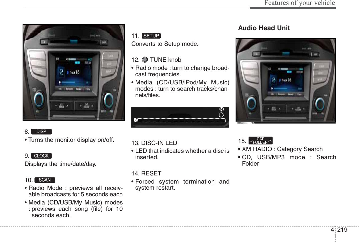 4219Features of your vehicle8.• Turns the monitor display on/off.9.Displays the time/date/day.10.• Radio Mode : previews all receiv-able broadcasts for 5 seconds each• Media (CD/USB/My Music) modes: previews each song (file) for 10seconds each.11.Converts to Setup mode.12. TUNE knob• Radio mode : turn to change broad-cast frequencies.• Media (CD/USB/iPod/My Music)modes : turn to search tracks/chan-nels/files.13. DISC-IN LED• LED that indicates whether a disc isinserted.14. RESET• Forced system termination andsystem restart.Audio Head Unit 15.• XM RADIO : Category Search• CD, USB/MP3 mode : SearchFolderCATFOLDERSETUPSCAN CLOCKDISP 