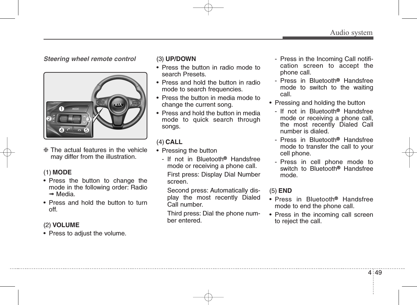 Audio systemSteering wheel remote control❈The actual features in the vehiclemay differ from the illustration.(1) MODE• Press the button to change themode in the following order: Radio➟Media.• Press and hold the button to turnoff.(2) VOLUME• Press to adjust the volume.(3) UP/DOWN• Press the button in radio mode tosearch Presets.• Press and hold the button in radiomode to search frequencies.• Press the button in media mode tochange the current song.• Press and hold the button in mediamode to quick search throughsongs.(4) CALL• Pressing the button- If not in Bluetooth®Handsfreemode or receiving a phone call. First press: Display Dial Numberscreen.Second press: Automatically dis-play the most recently DialedCall number.Third press: Dial the phone num-ber entered.- Press in the Incoming Call notifi-cation screen to accept thephone call.- Press in Bluetooth®Handsfreemode to switch to the waitingcall.• Pressing and holding the button- If not in Bluetooth®Handsfreemode or receiving a phone call,the most recently Dialed Callnumber is dialed.- Press in Bluetooth®Handsfreemode to transfer the call to yourcell phone.- Press in cell phone mode toswitch to Bluetooth®Handsfreemode.(5) END• Press in Bluetooth®Handsfreemode to end the phone call.• Press in the incoming call screento reject the call.494