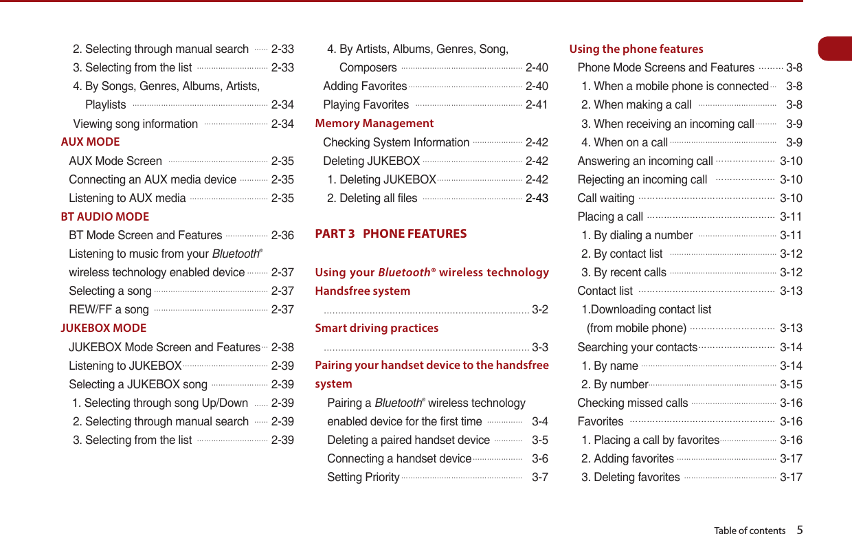   Table of contents    52. Selecting through manual search  2-333. Selecting from the list  2-334. By Songs, Genres, Albums, Artists, Playlists  2-34Viewing song information  2-34AUX MODEAUX Mode Screen  2-35Connecting an AUX media device  2-35Listening to AUX media  2-35BT AUDIO MODEBT Mode Screen and Features  2-36Listening to music from your Bluetooth® wireless technology enabled device 2-37Selecting a song 2-37REW/FF a song  2-37JUKEBOX MODEJUKEBOX Mode Screen and Features 2-38Listening to JUKEBOX 2-39Selecting a JUKEBOX song  2-39 1. Selecting through song Up/Down …… 2-392. Selecting through manual search  2-393. Selecting from the list  2-394. By Artists, Albums, Genres, Song, Composers  2-40Adding Favorites 2-40Playing Favorites  2-41Memory ManagementChecking System Information 2-42Deleting JUKEBOX 2-421. Deleting JUKEBOX 2-422. Deleting all files  2-43PART 3   PHONE FEATURES Using your Bluetooth® wireless technology Handsfree system ……………………………………………………………… 3-2Smart driving practices ……………………………………………………………… 3-3Pairing your handset device to the handsfree systemPairing a Bluetooth® wireless technology enabled device for the first time  3-4Deleting a paired handset device  3-5Connecting a handset device 3-6Setting Priority 3-7Using the phone featuresPhone Mode Screens and Features 3-81. When a mobile phone is connected 3-82. When making a call  3-83. When receiving an incoming call 3-94. When on a call 3-9Answering an incoming call 3-10Rejecting an incoming call  3-10Call waiting 3-10Placing a call 3-111. By dialing a number  3-112. By contact list  3-123. By recent calls  3-12Contact list  3-131.Downloading contact list   (from mobile phone) 3-13Searching your contacts 3-141. By name 3-142. By number 3-15Checking missed calls 3-16Favorites  3-161. Placing a call by favorites 3-162. Adding favorites 3-173. Deleting favorites  3-17