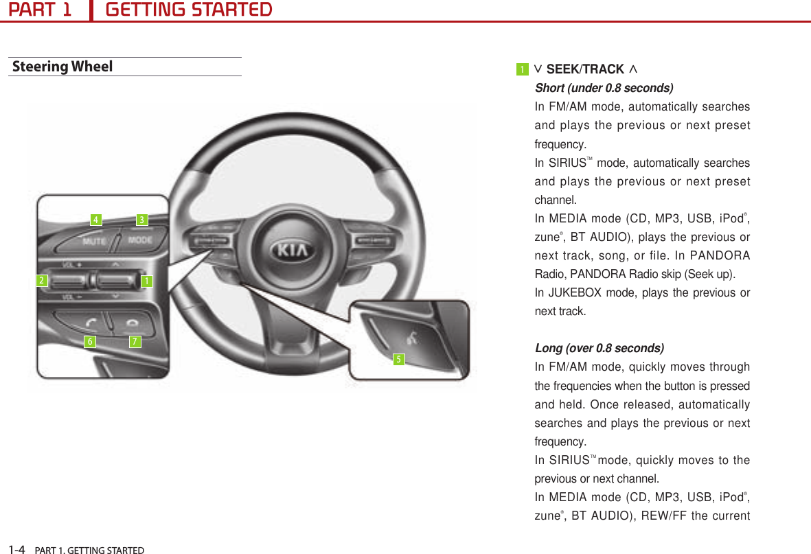 1-4    PART 1. GETTING STARTEDPART 1      GETTING STARTEDSteering Wheel 1 ∨ SEEK/TRACK ∧ Short (under 0.8 seconds) In FM/AM mode, automatically searches and plays the previous or next preset frequency. In SIRIUSTM mode, automatically searches and plays the previous or next preset channel. In MEDIA mode (CD, MP3, USB, iPod®, zune®, BT AUDIO), plays the previous or next track, song, or file. In PANDORA Radio, PANDORA Radio skip (Seek up).  In JUKEBOX mode, plays the previous or next track.  Long (over 0.8 seconds)In FM/AM mode, quickly moves through the frequencies when the button is pressed and held. Once released, automatically searches and plays the previous or next frequency. In SIRIUSTM mode, quickly moves to the previous or next channel.  In MEDIA mode (CD, MP3, USB, iPod®, zune®, BT AUDIO), REW/FF the current 123456 7
