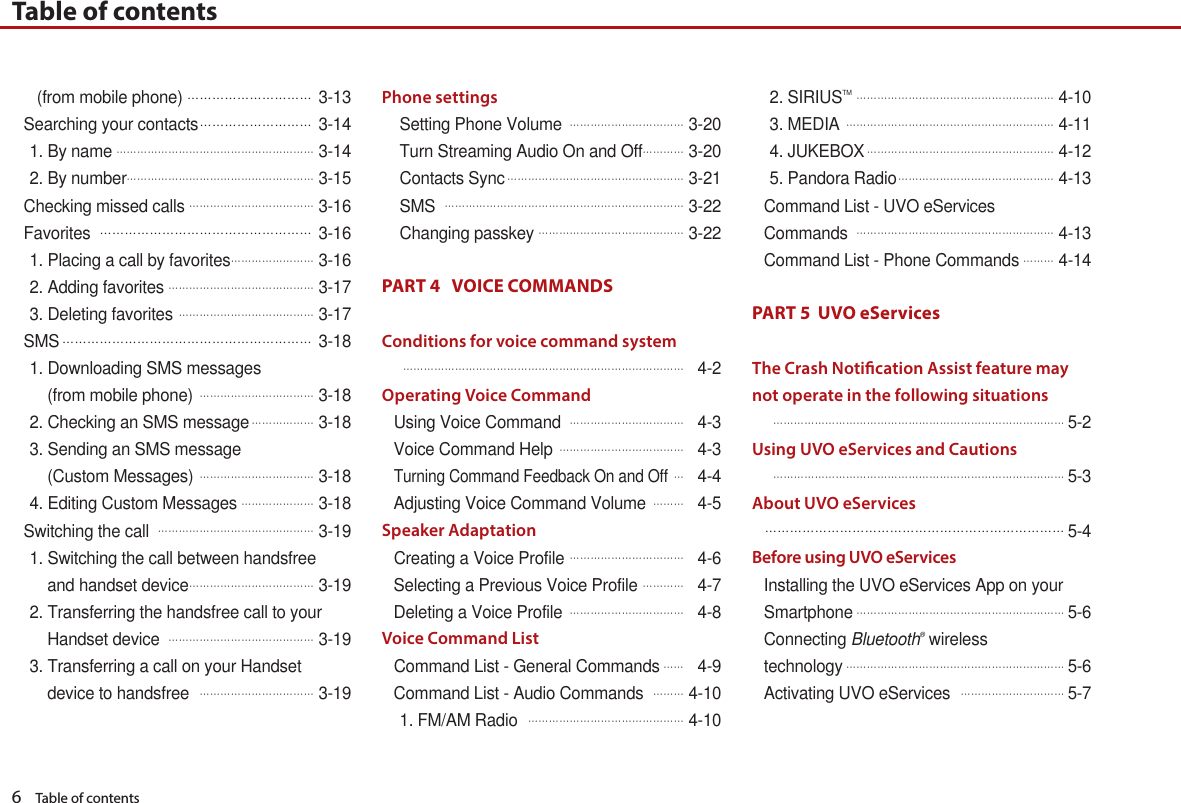 6    Table of contentsTable of contents   (from mobile phone) 3-13Searching your contacts 3-141. By name 3-142. By number 3-15Checking missed calls 3-16Favorites  3-161. Placing a call by favorites 3-162. Adding favorites 3-173. Deleting favorites  3-17SMS 3-181. Downloading SMS messages    (from mobile phone)  3-182. Checking an SMS message 3-183. Sending an SMS message    (Custom Messages)  3-184. Editing Custom Messages 3-18Switching the call  3-191. Switching the call between handsfree    and handset device 3-192. Transferring the handsfree call to your    Handset device  3-193. Transferring a call on your Handset    device to handsfree  3-19Phone settingsSetting Phone Volume  3-20Turn Streaming Audio On and Off 3-20Contacts Sync 3-21SMS  3-22Changing passkey 3-22PART 4   VOICE COMMANDS Conditions for voice command system  4-2Operating Voice CommandUsing Voice Command  4-3Voice Command Help  4-3Turning Command Feedback On and Off 4-4Adjusting Voice Command Volume  4-5Speaker AdaptationCreating a Voice Profile  4-6Selecting a Previous Voice Profile  4-7Deleting a Voice Profile  4-8Voice Command ListCommand List - General Commands 4-9Command List - Audio Commands  4-101. FM/AM Radio  4-102. SIRIUSTM 4-103. MEDIA  4-114. JUKEBOX 4-125. Pandora Radio 4-13Command List - UVO eServices  Commands  4-13Command List - Phone Commands 4-14PART 5  UVO eServicesThe Crash Notication Assist feature may not operate in the following situations 5-2Using UVO eServices and Cautions 5-3About UVO eServices 5-4Before using UVO eServicesInstalling the UVO eServices App on your Smartphone5-6Connecting Bluetooth® wirelesstechnology5-6Activating UVO eServices 5-7