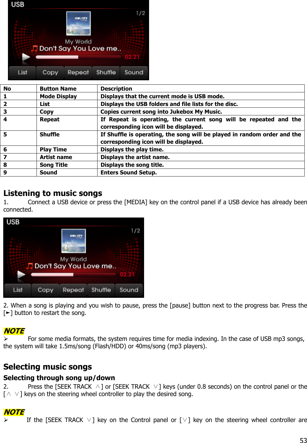    No Button Name Description 1  Mode Display  Displays that the current mode is USB mode. 2  List  Displays the USB folders and file lists for the disc. 3  Copy  Copies current song into Jukebox My Music. 4  Repeat  If Repeat is operating, the current song will be repeated and the corresponding icon will be displayed. 5  Shuffle  If Shuffle is operating, the song will be played in random order and the corresponding icon will be displayed. 6  Play Time  Displays the play time. 7  Artist name  Displays the artist name. 8  Song Title  Displays the song title. 9  Sound  Enters Sound Setup.  Listening to music songs 1. Connect a USB device or press the [MEDIA] key on the control panel if a USB device has already been connected.   2. When a song is playing and you wish to pause, press the [pause] button next to the progress bar. Press the [ ] button to ►restart the song.    NOTE  For some media formats, the system requires time for media indexing. In the case of USB mp3 songs, the system will take 1.5ms/song (Flash/HDD) or 40ms/song (mp3 players).  Selecting music songs Selecting through song up/down 2. Press the [SEEK TRACK  ∧] or [SEEK TRACK  ∨] keys (under 0.8 seconds) on the control panel or the [   ] keys on the steering wheel controller to play the desired ∧∨ song.  NOTE  If the [SEEK TRACK  ] key ∨on the Control panel or [ ] key on the∨ steering wheel controller are  53